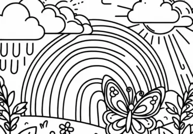 Schmetterling vor Regenbogen als Ausmalbild gratis