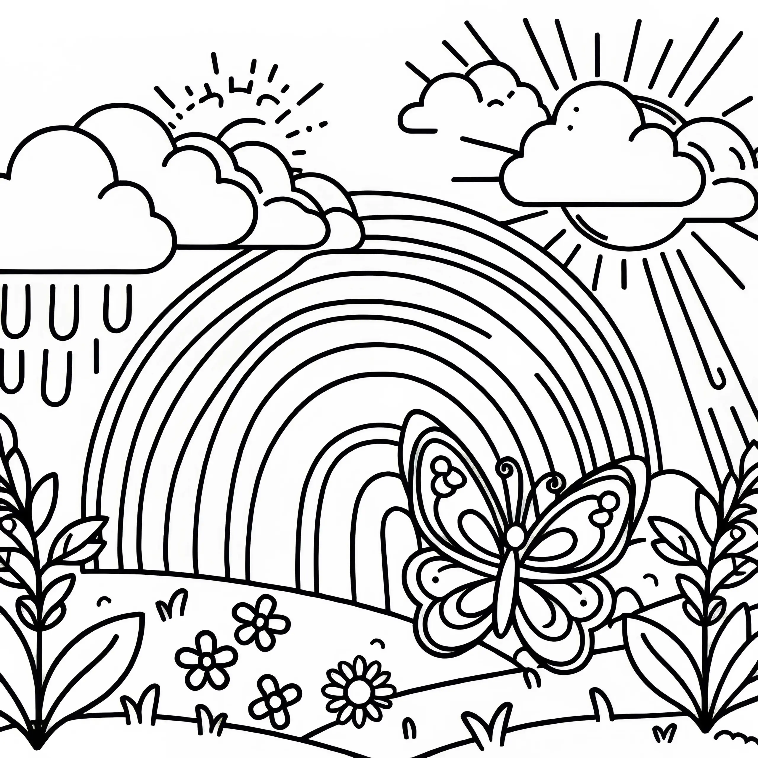 Schmetterling vor Regenbogen als Ausmalbild gratis