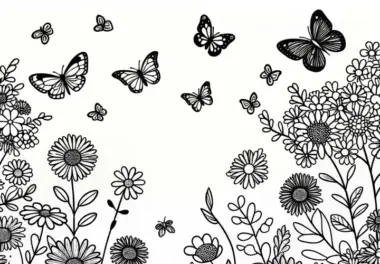 Schmetterlinge fliegen über eine Blumenwiese – Ausmalbild kostenlos
