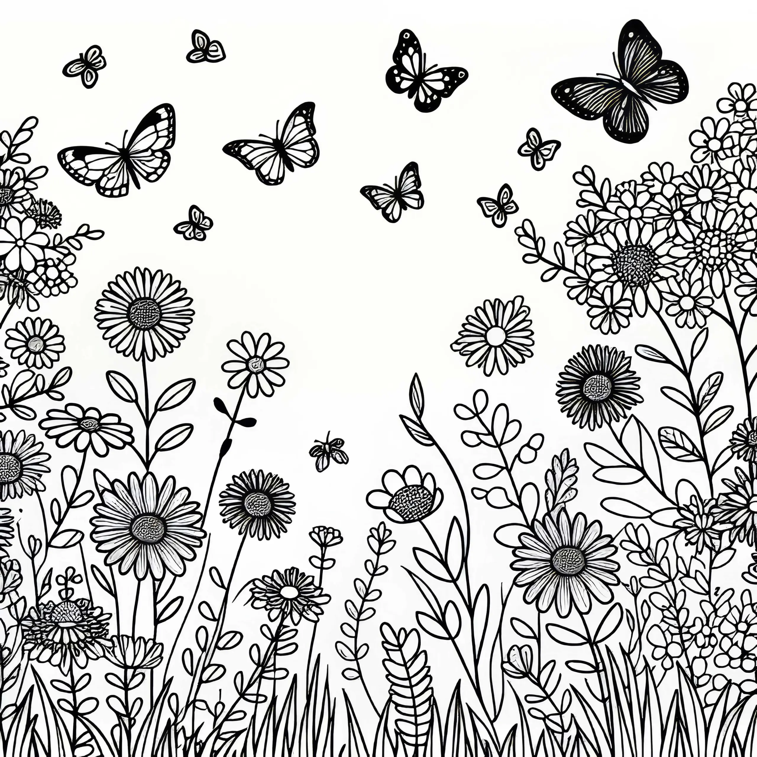 Schmetterlinge fliegen über eine Blumenwiese – Ausmalbild kostenlos