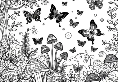 Schmetterlinge fliegen durch den Zaubergarten – Malvorlage kostenlos