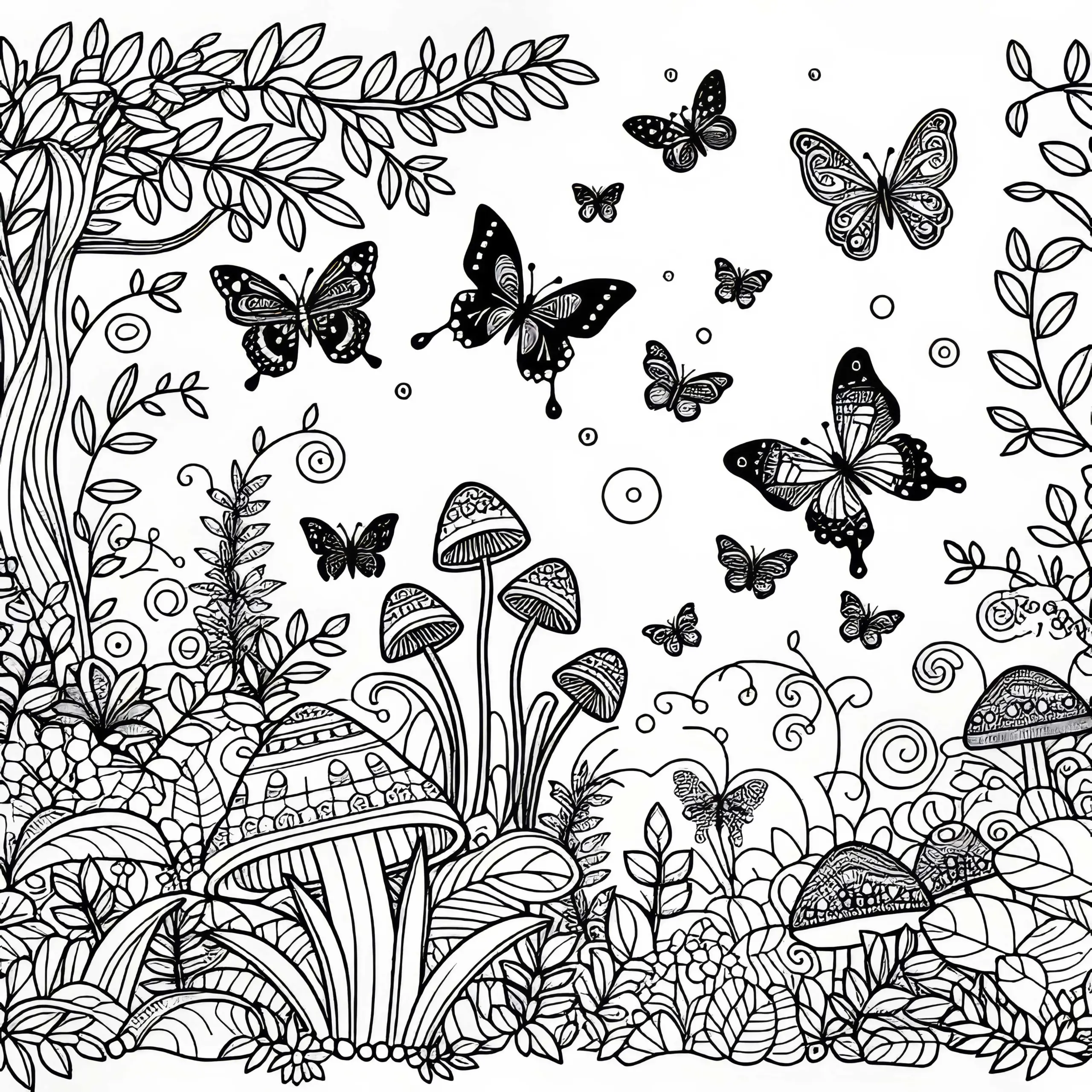 Schmetterlinge fliegen durch den Zaubergarten – Malvorlage kostenlos (Ausmalbild)