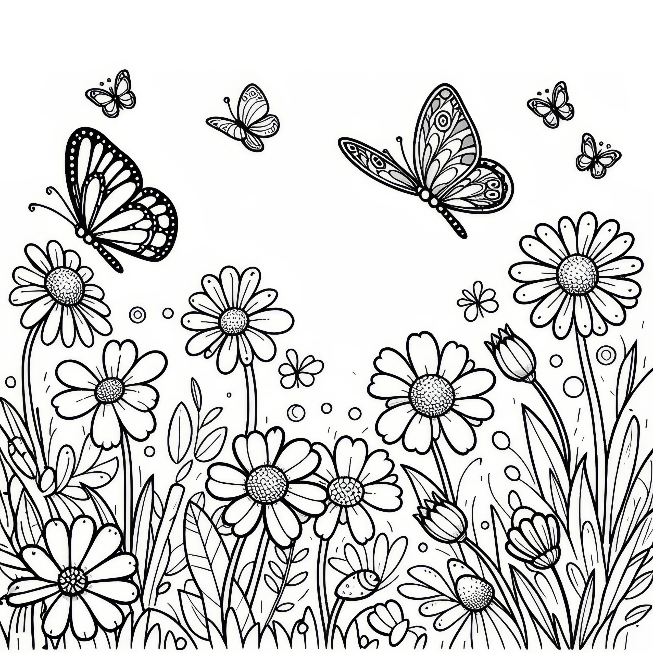 Schmetterlinge über Blumenwiese im Frühling (Malvorlage) (Ausmalbild)