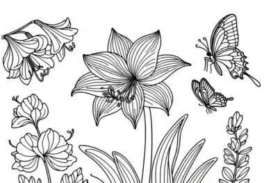 Schmetterlinge umkreisen eine Blume (Amaryllis) im Garten – Ausmalbild gratis