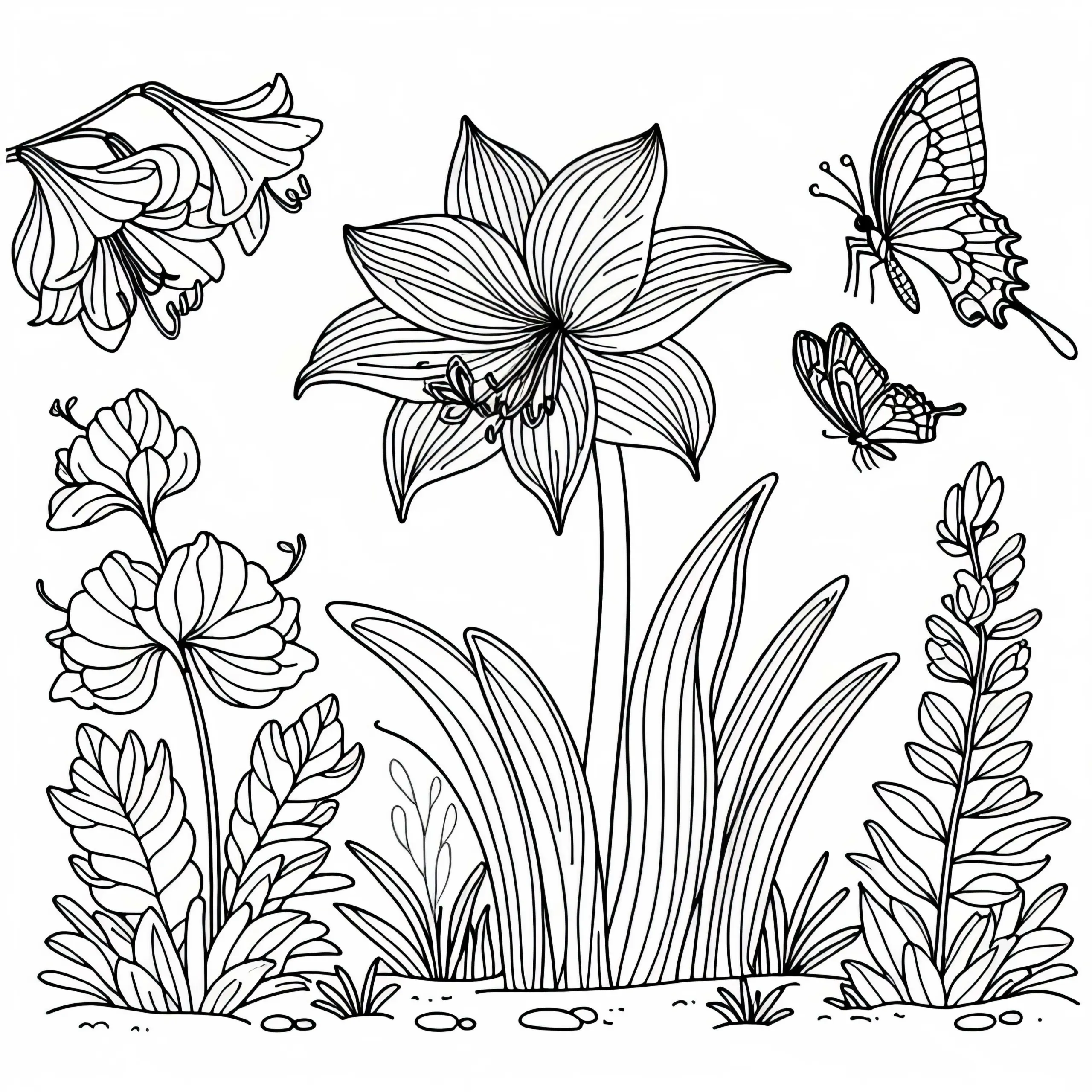 Schmetterlinge umkreisen eine Blume (Amaryllis) im Garten – Ausmalbild gratis