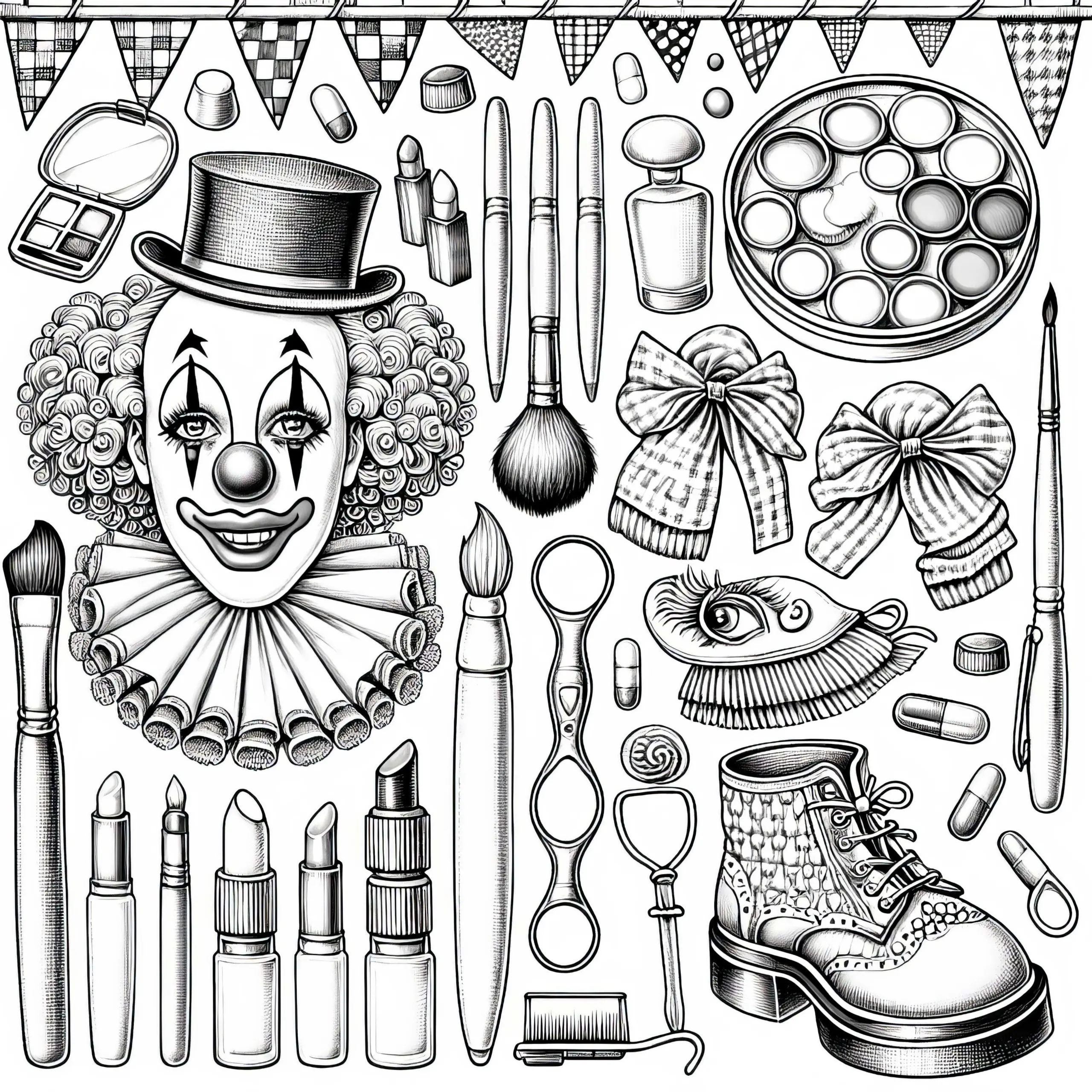 Schminkset eines Clowns – Ausmalbild für kreative Köpfe