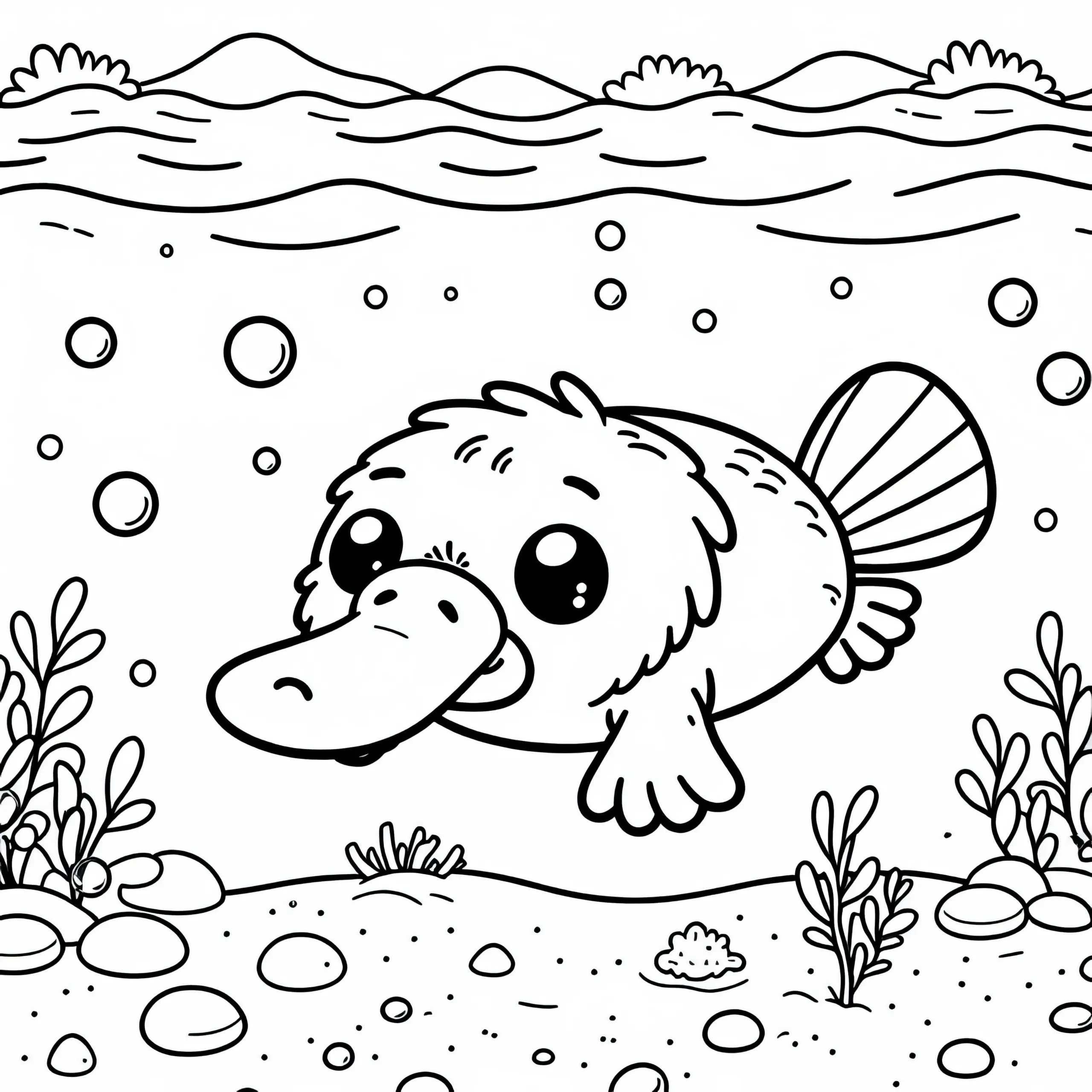 Schnabeltier schwimmt unter Wasser – Ausmalbild gratis