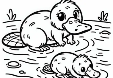 Schnabeltierbaby folgte der Mutter durch das flache Wasser – Malvorlage kostenlos