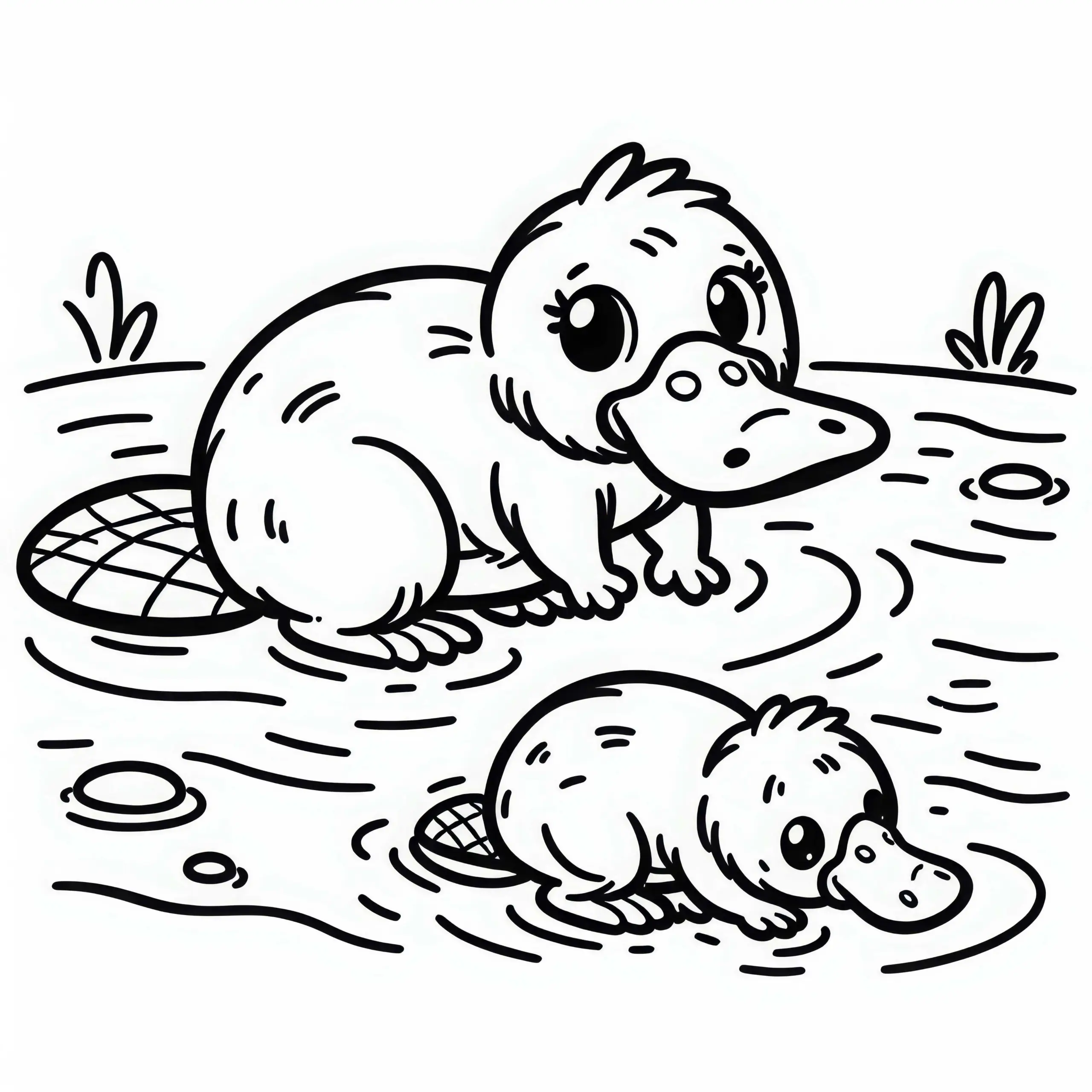 Schnabeltierbaby folgte der Mutter durch das flache Wasser – Malvorlage kostenlos (Ausmalbild)