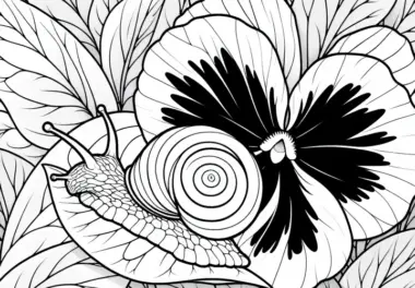 Die Schnecke kriecht über das Blatt der Blume Stiefmütterchen – Ausmalbild kostenlos