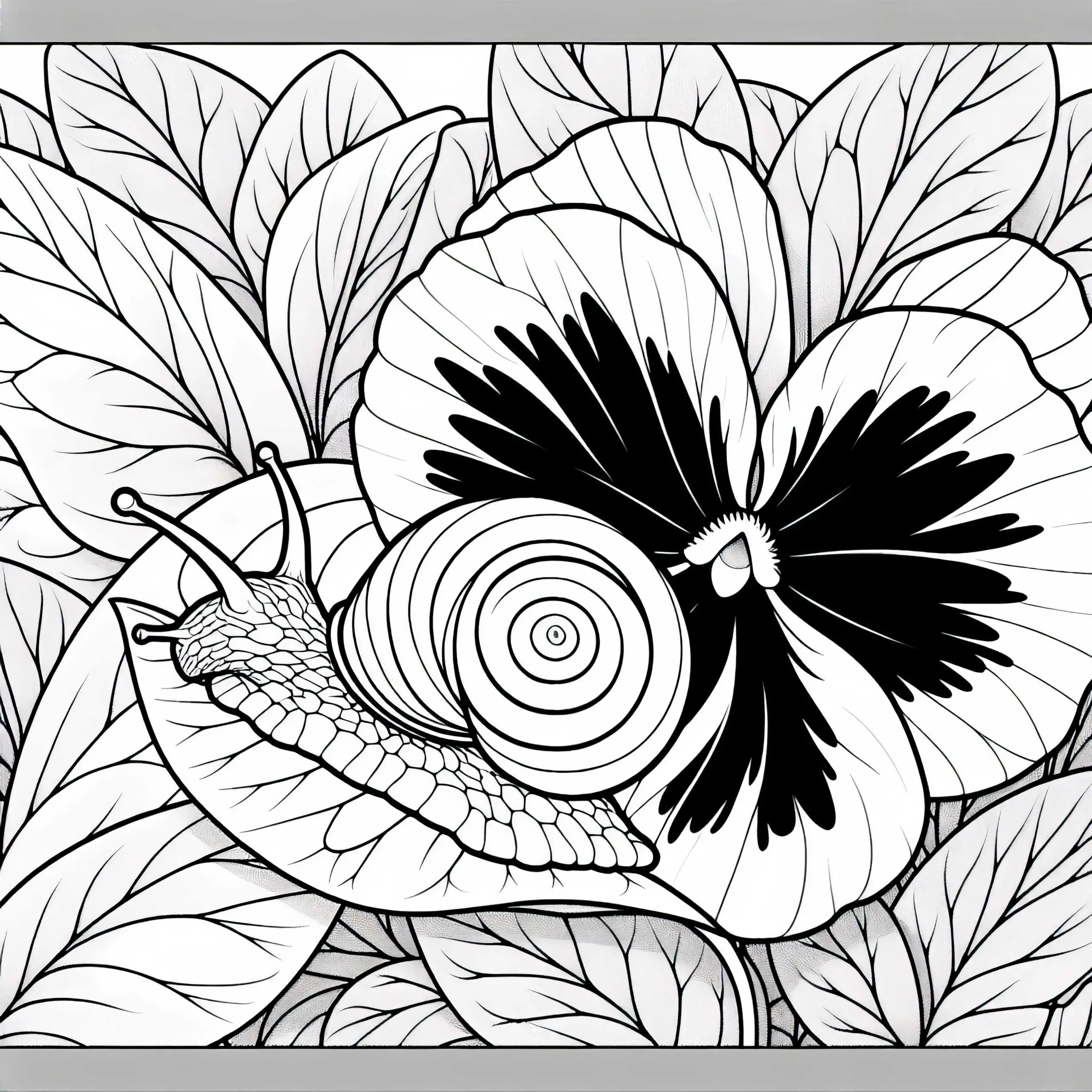 Die Schnecke kriecht über das Blatt der Blume Stiefmütterchen – Ausmalbild kostenlos