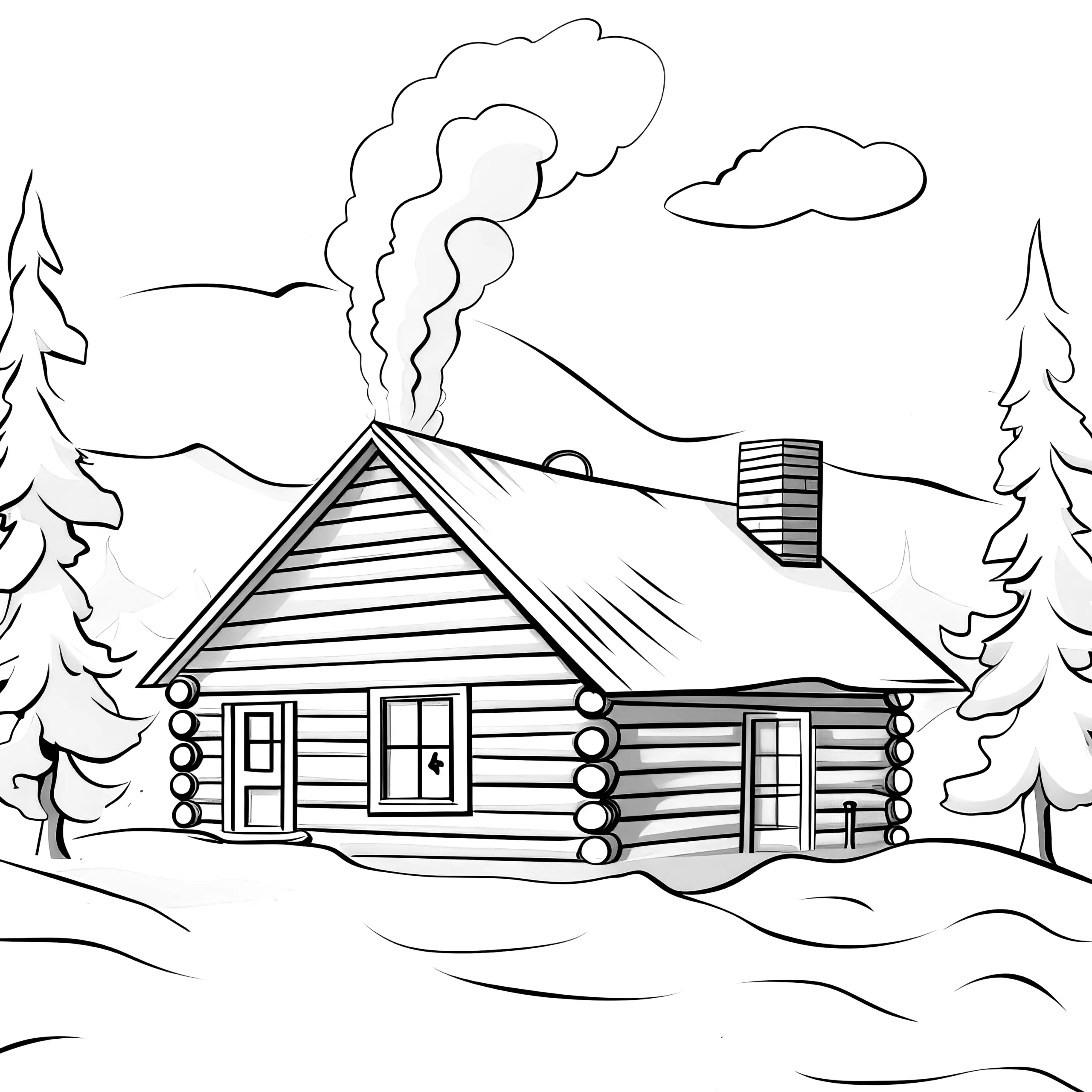 Schnee, Holzhaus & Tannen: einfaches Ausmalbild