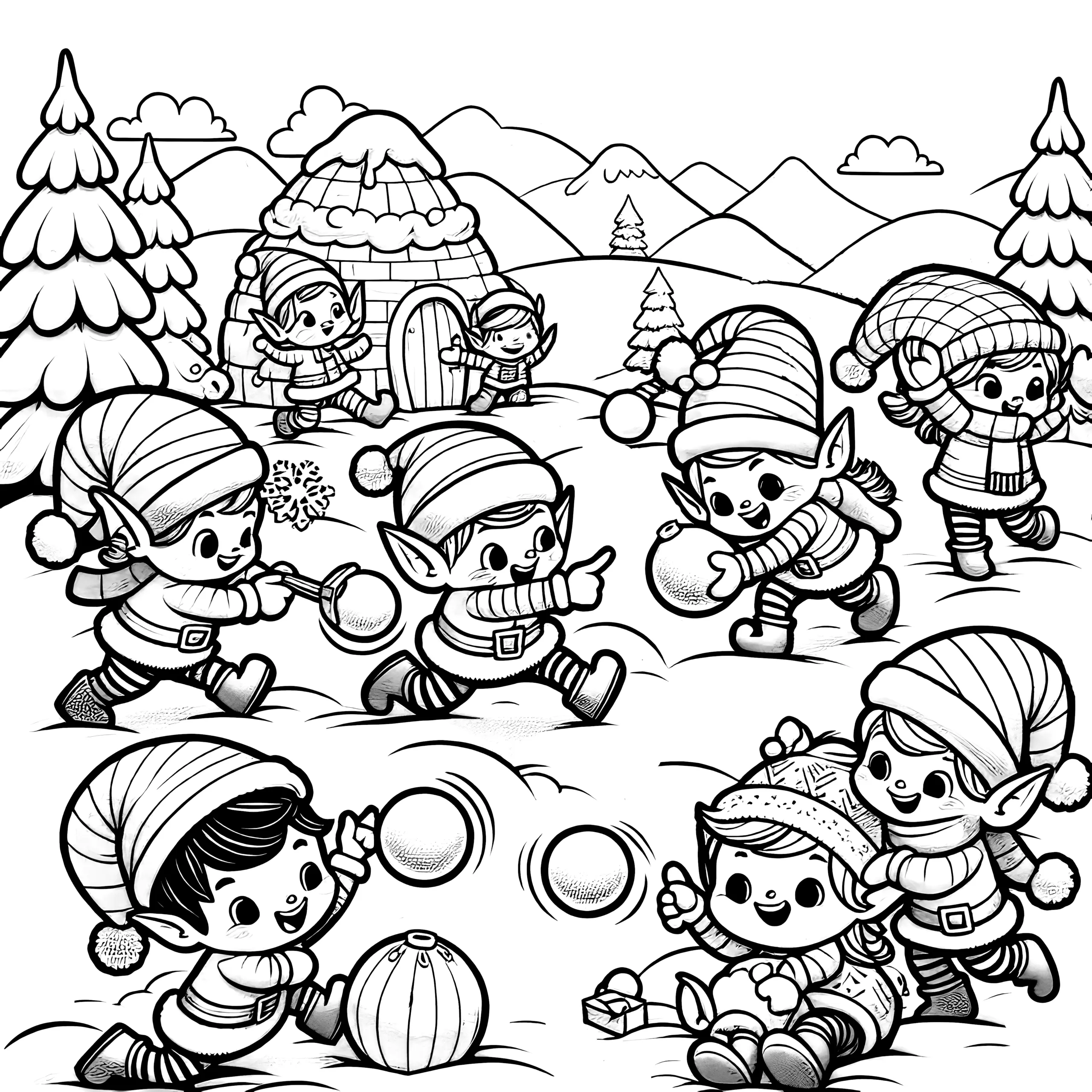 Schneeballschlacht in der Winterlandschaft (Ausmalbild)