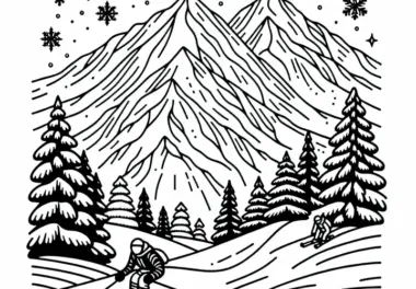 Schneebedeckte Gipfel mit Skifahrer – Ausmalbild kostenlos