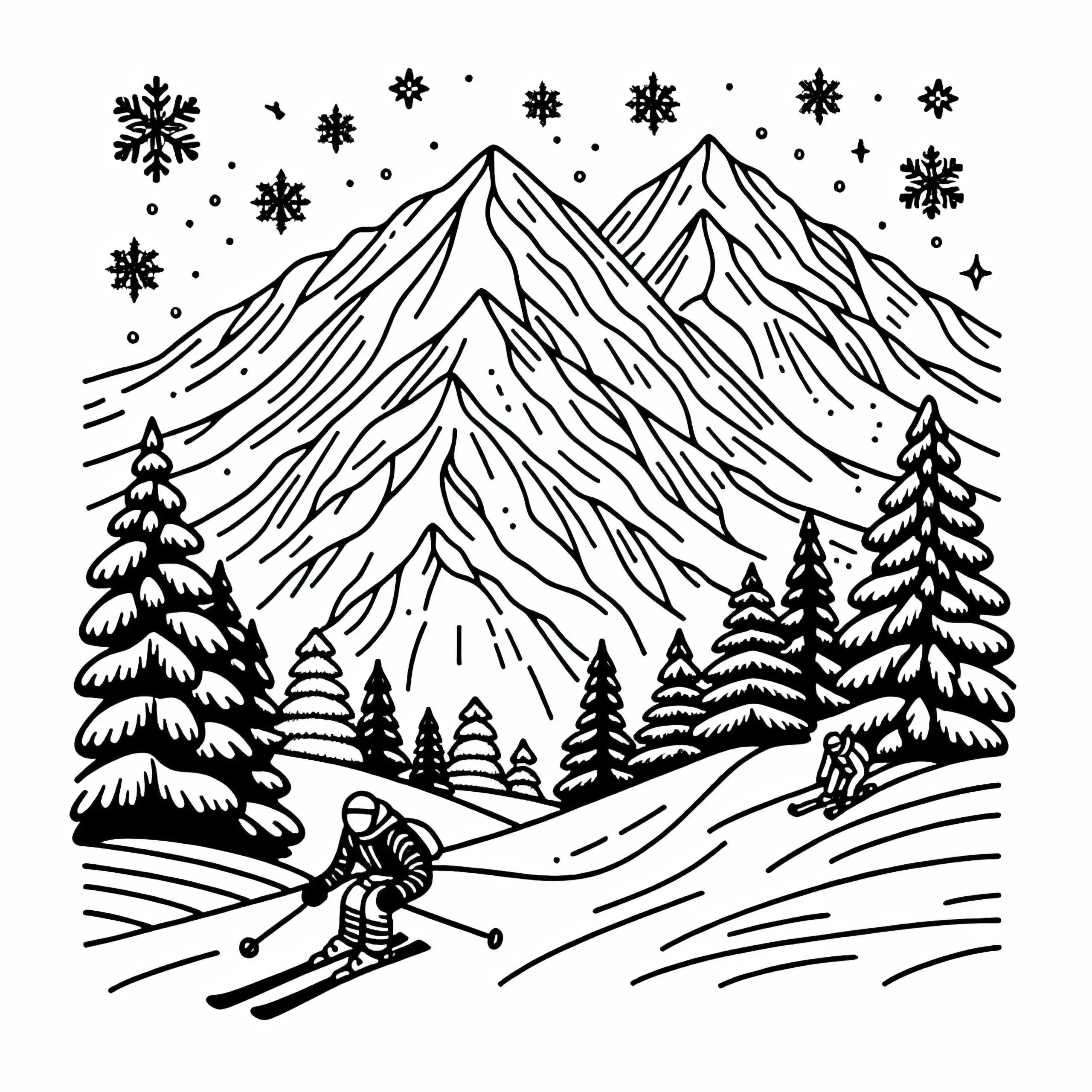 Schneebedeckte Gipfel mit Skifahrer – Ausmalbild kostenlos