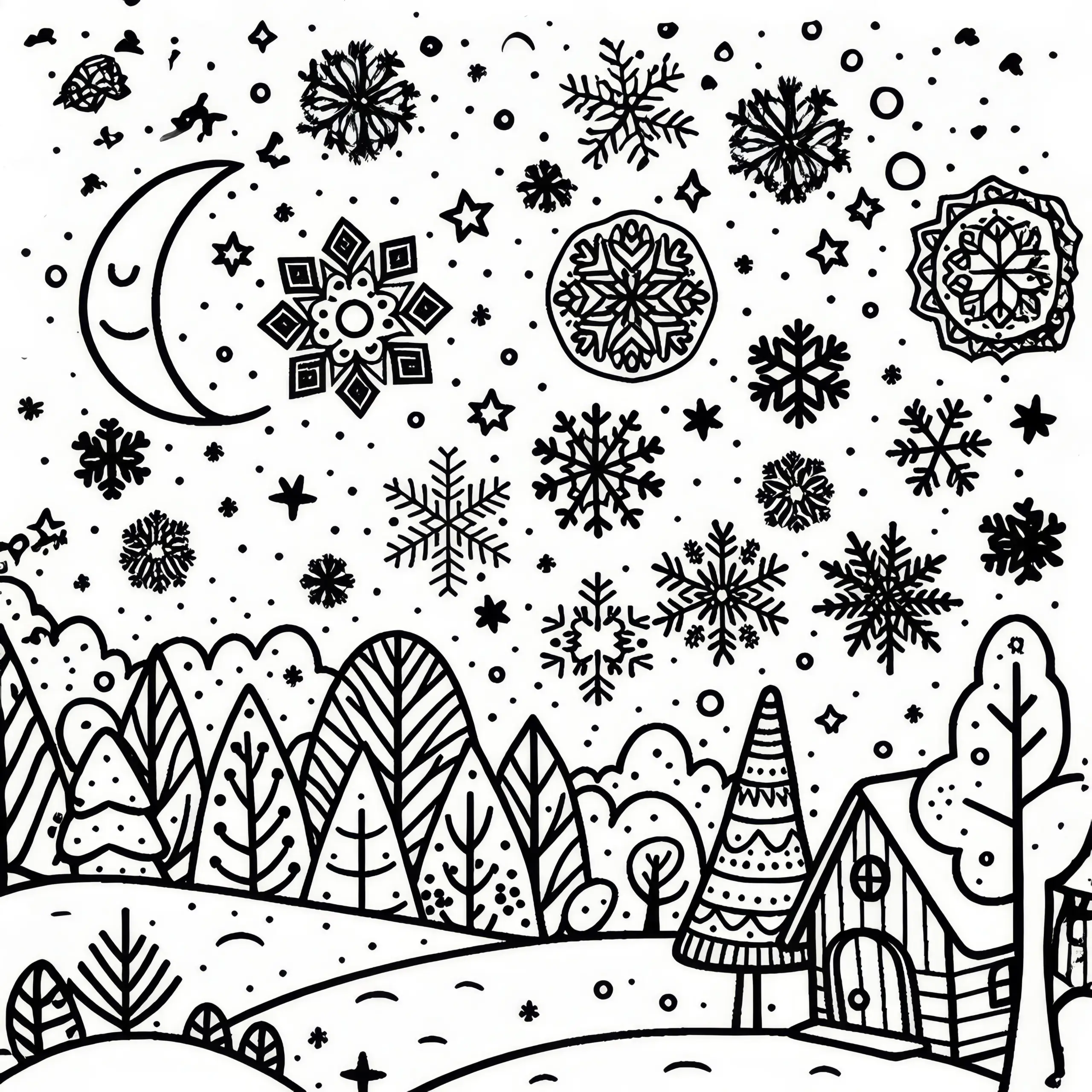 Schneeflocken im Dezember: Kostenlose Malvorlage (Ausmalbild)