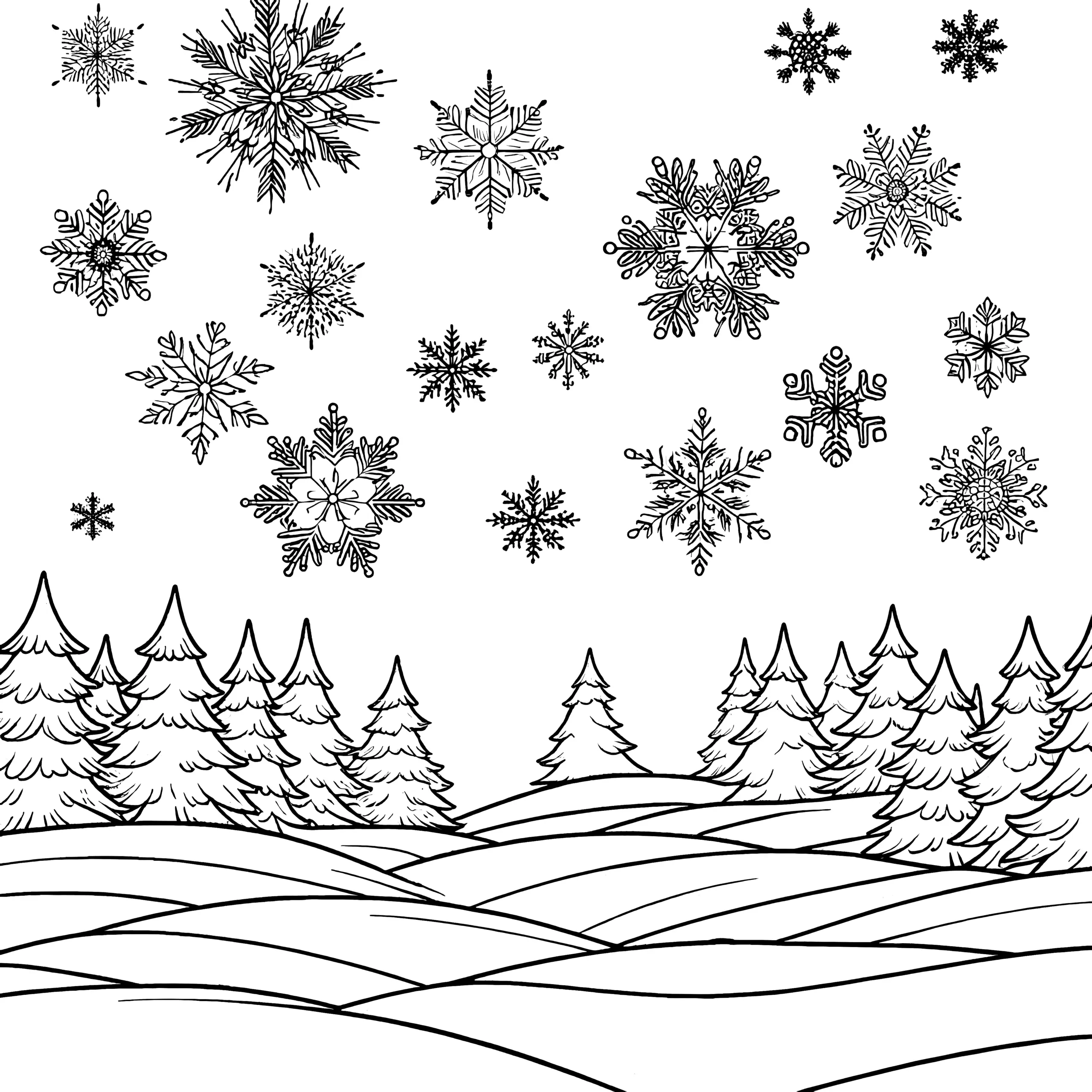 Schneeflocken Winterlandschaft Ausmalbild
