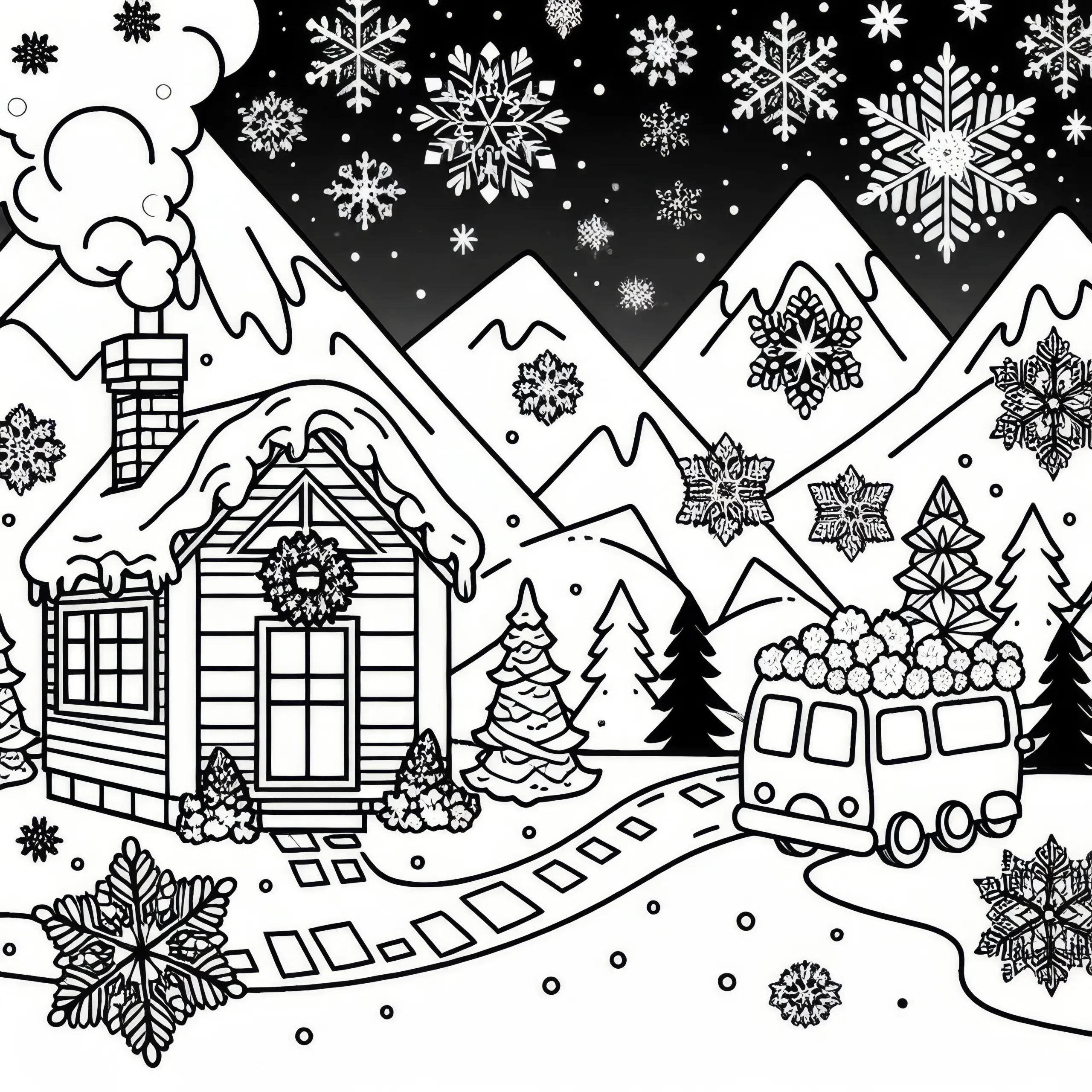 Schneeflocken wirbeln durch Winterlandschaft: Ausmalbild zum Download (Gratis)