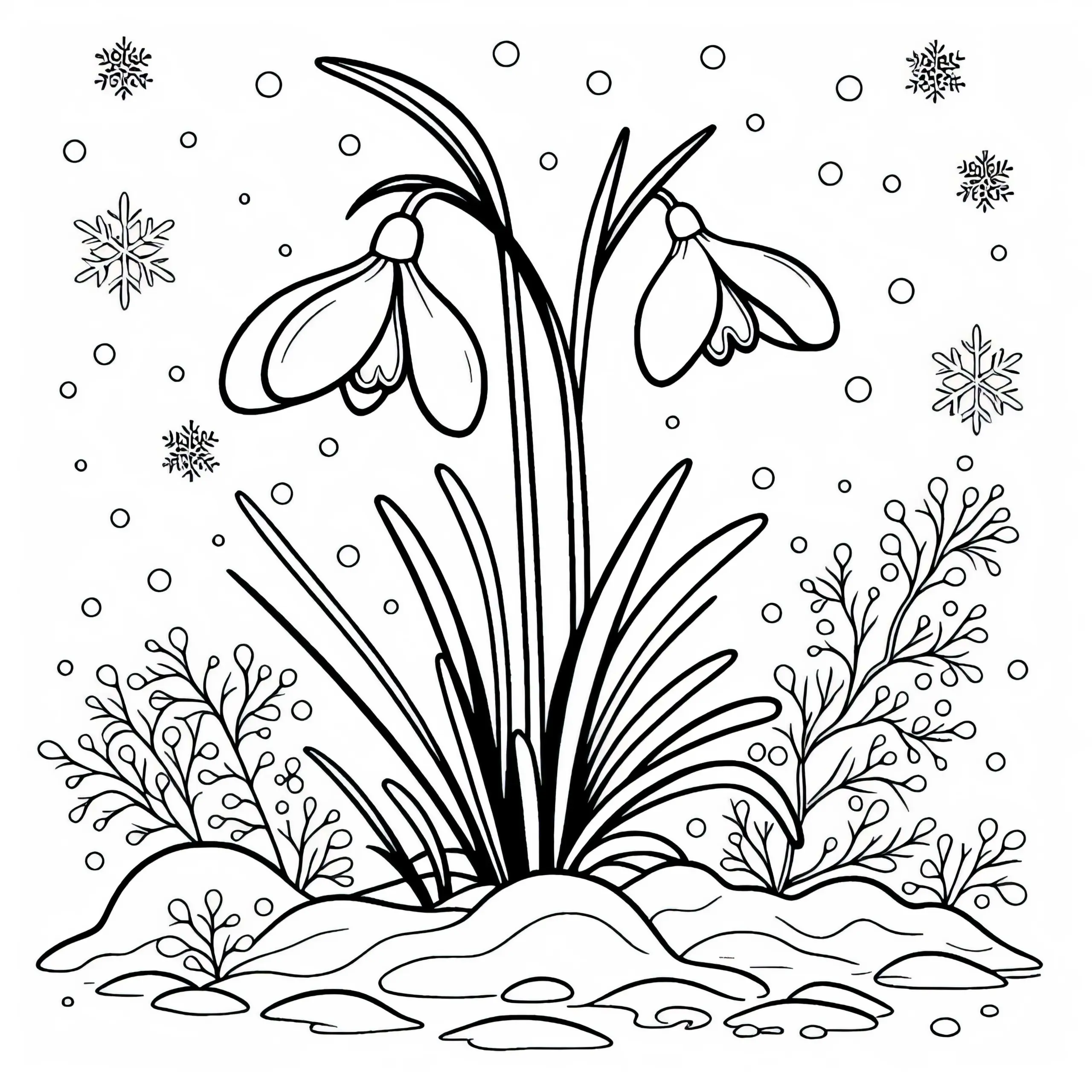 Schneeglöckchen ragt aus Schnee – Malvorlage für Winterblumen kostenlos (Ausmalbild)