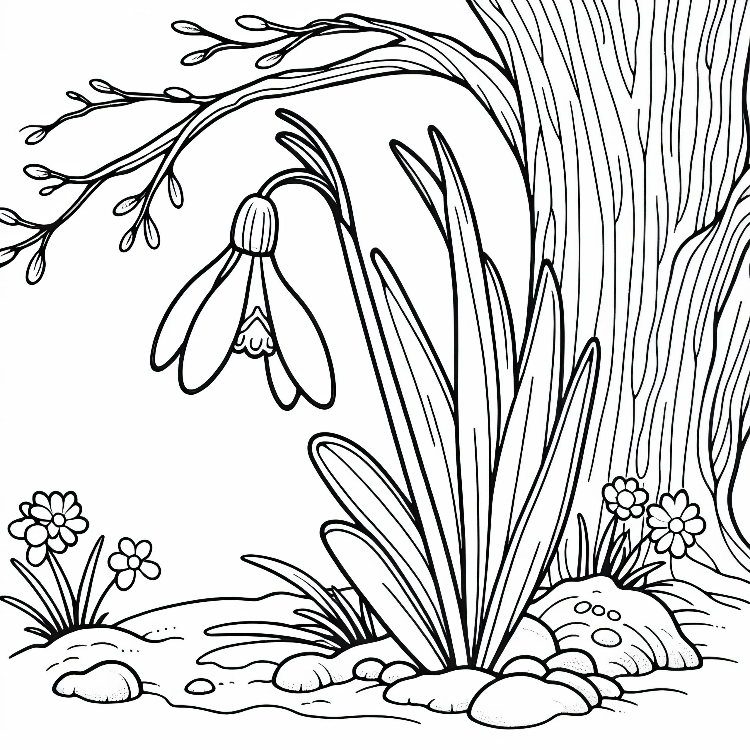 Schneeglöckchen wächst in schattiger Ecke unter Baum – Ausmalbild gratis