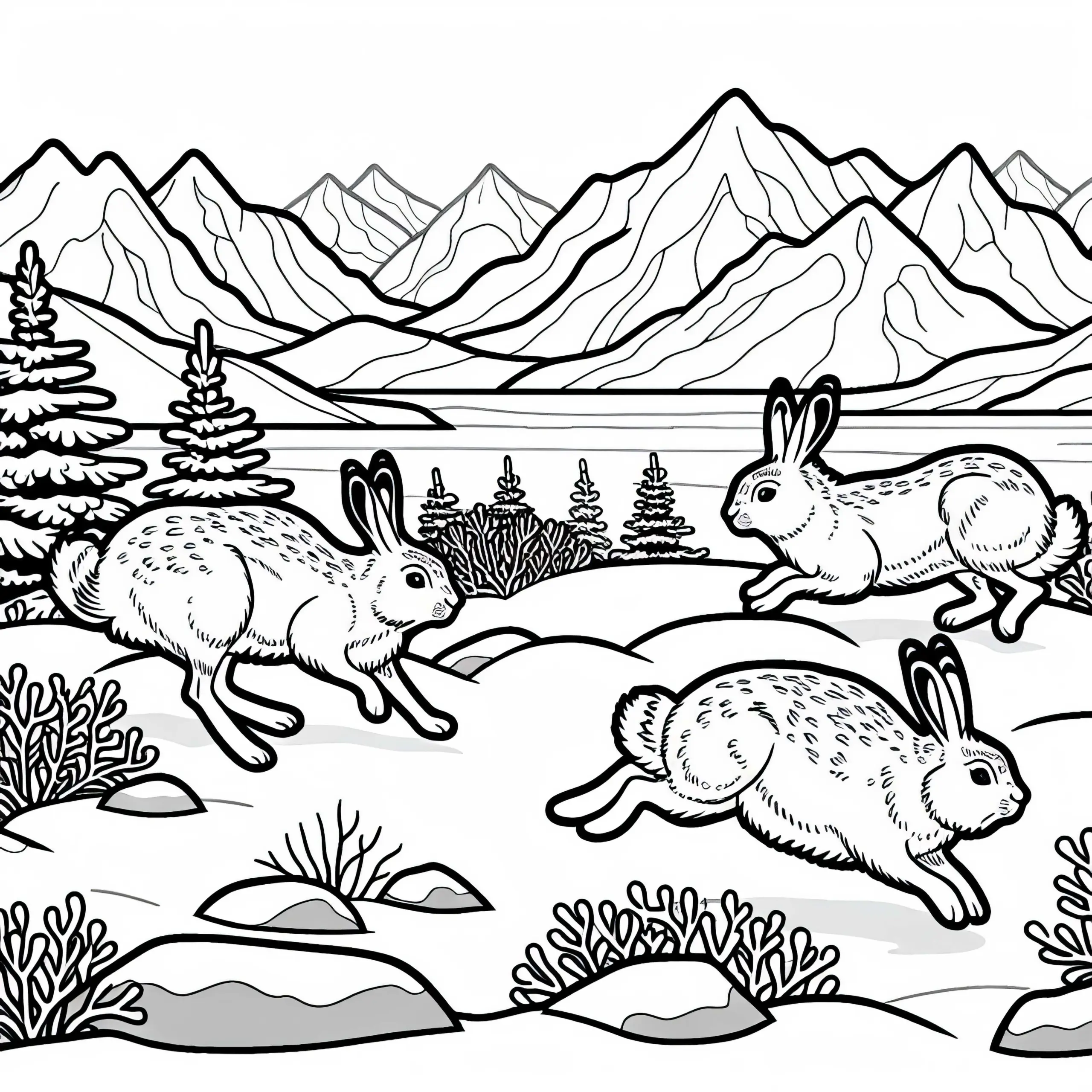 Schneehasen hoppeln über das kühle Land einer Tundra – Ausmalbild gratis