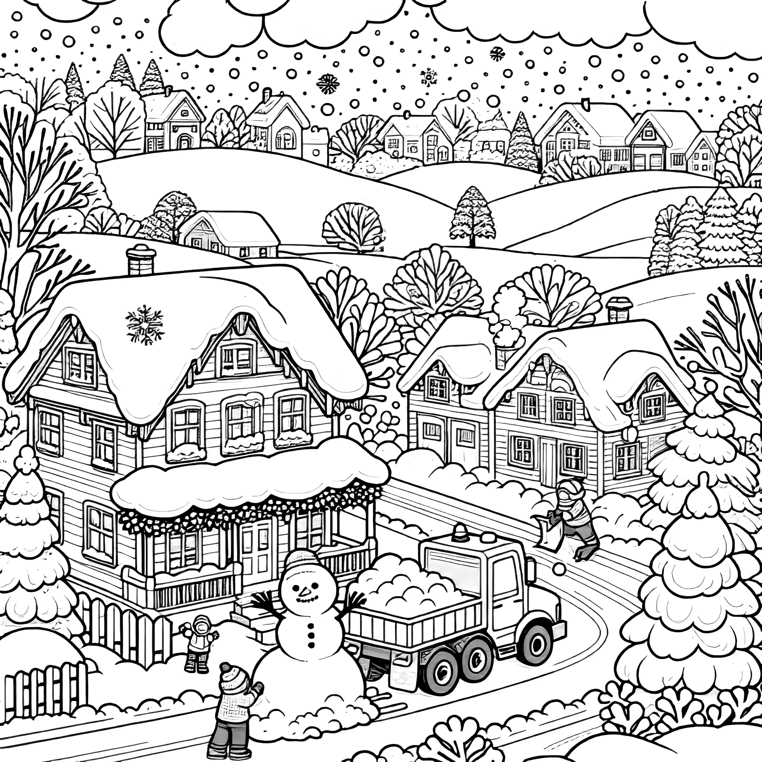 Schneelandschaft mit Dorf, Schneemann, Lkw & Kindern: Ausmalbild