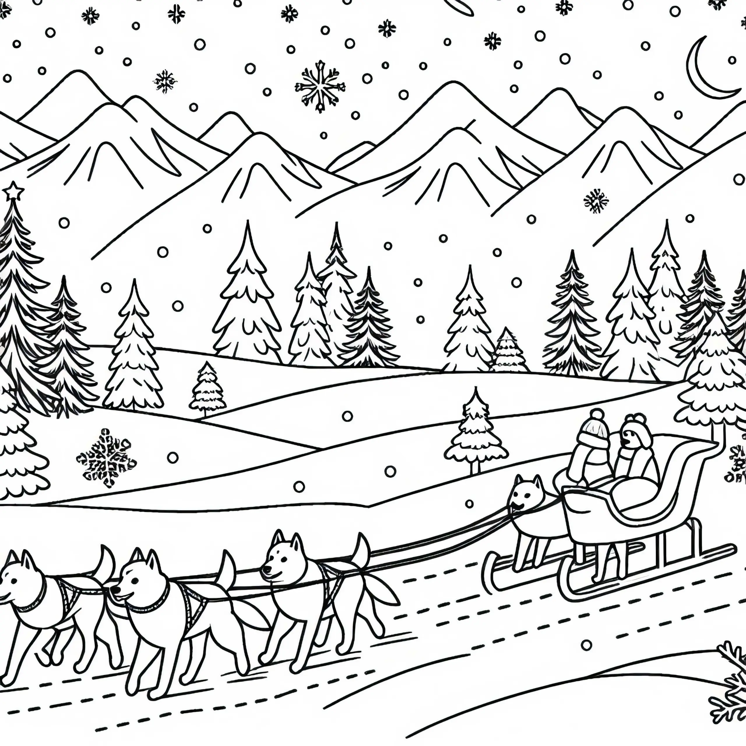 Schneelandschaft für Hundeschlittenrennen – Ausmalbild Kostenlos