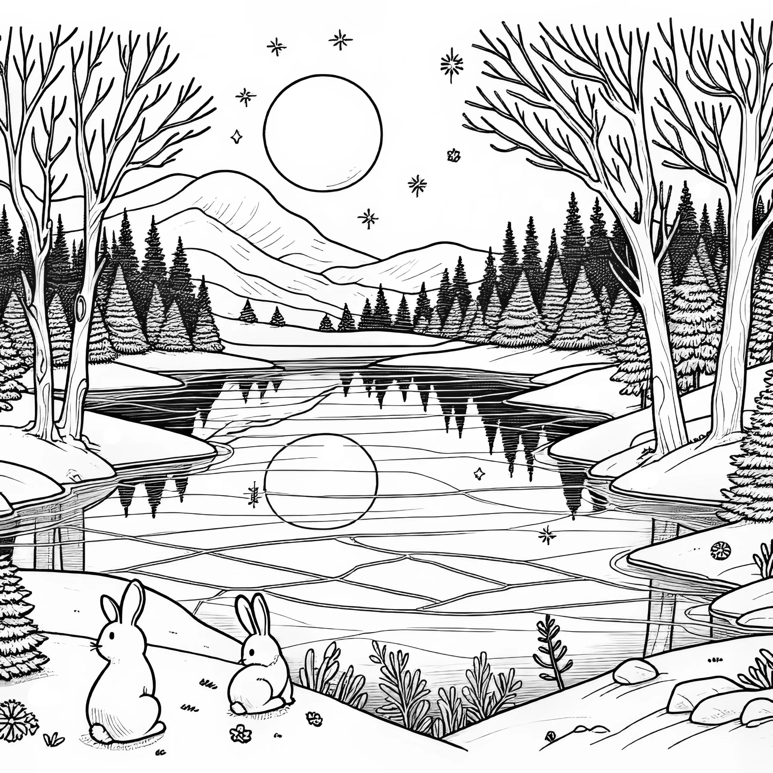 Winterlandschaft mit Hasen, Mond & See vor Bergen (Ausmalbild)
