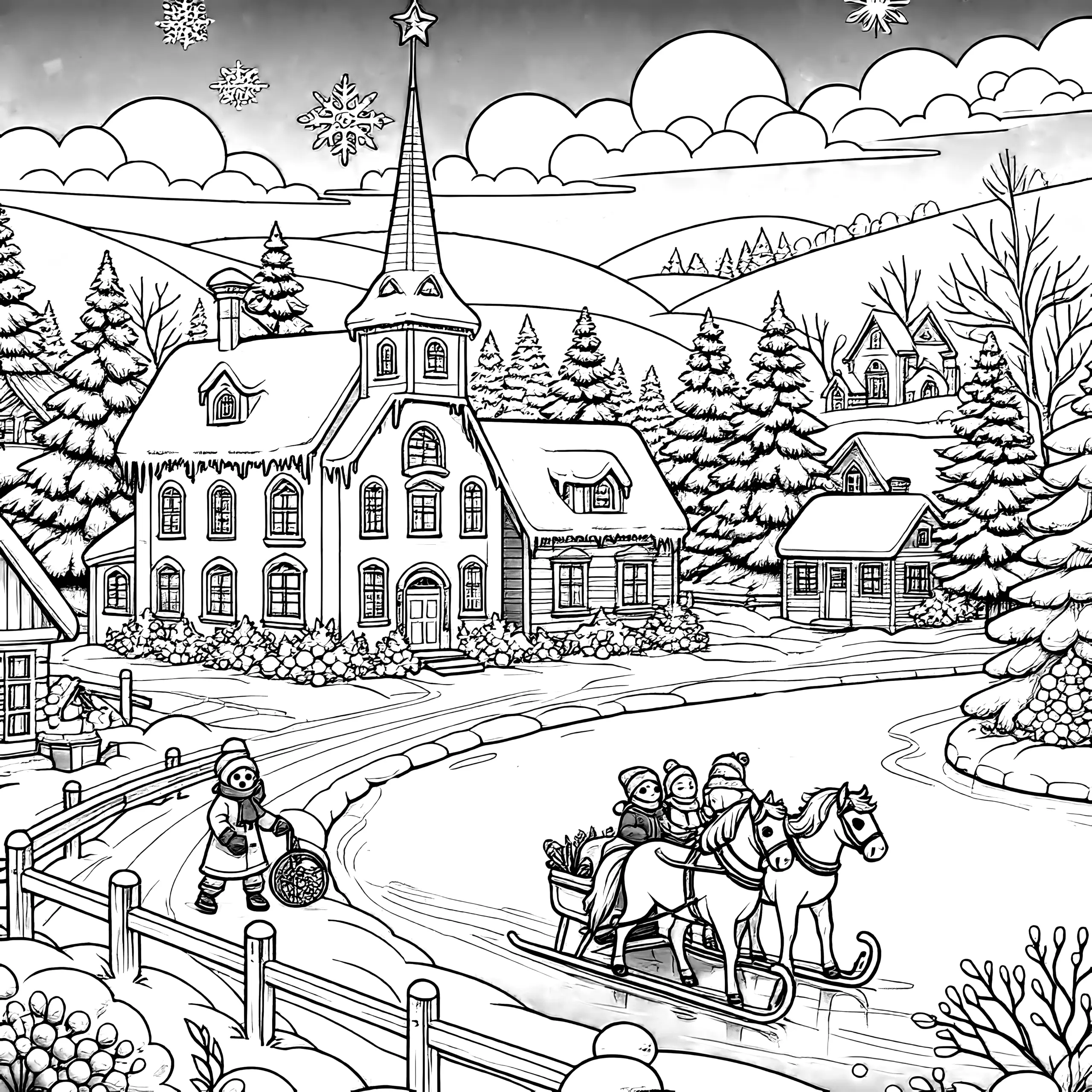 Schneelandschaft mit Kirche, Pferden & Schlitten: gratis Ausmalbild