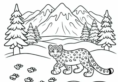 Schneeleopard im Schnee – Ausmalbild gratis