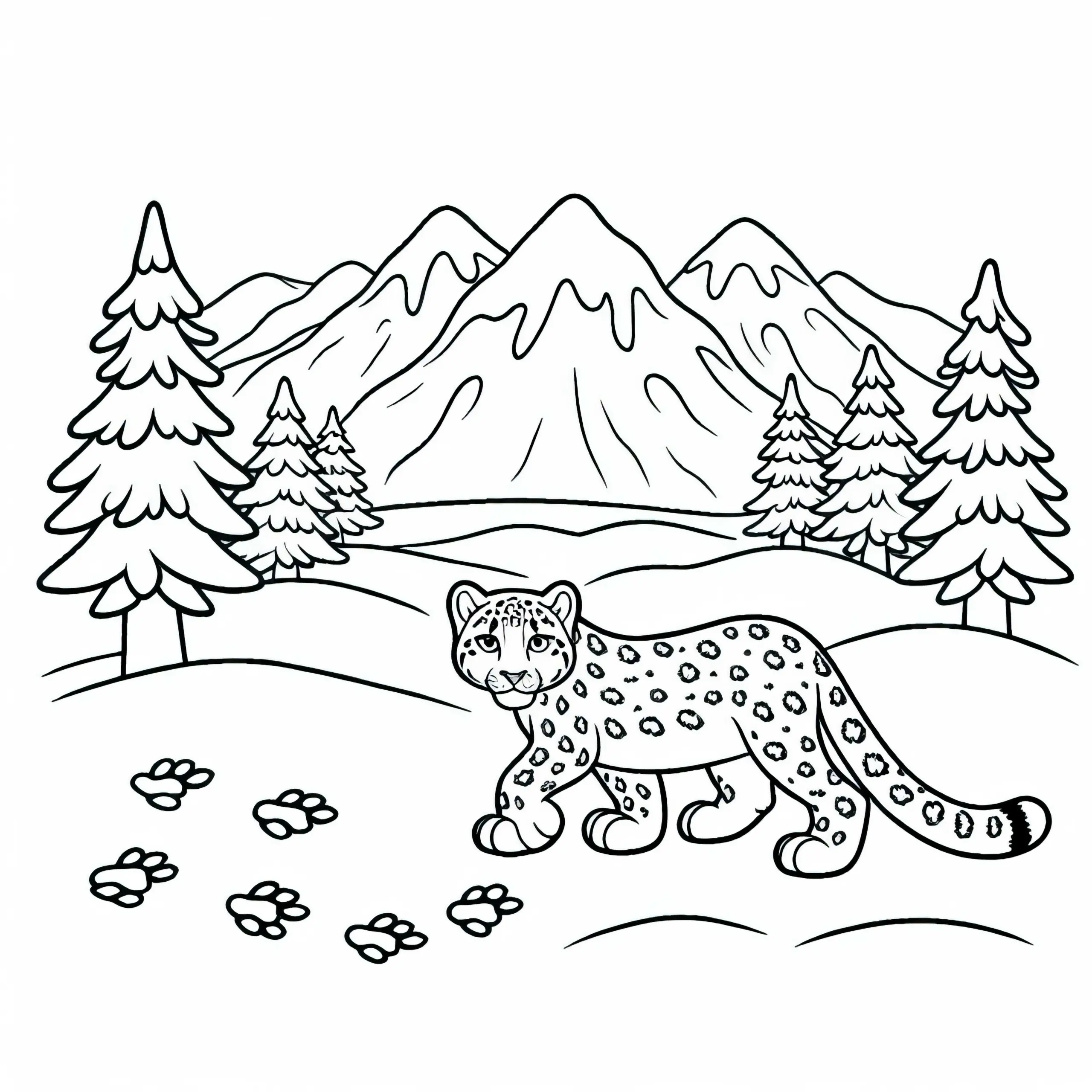 Schneeleopard im Schnee – Ausmalbild gratis