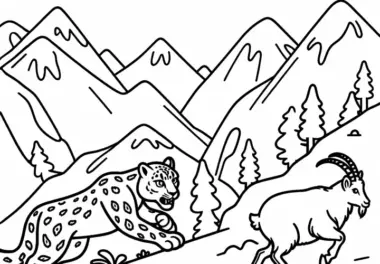 Schneeleopard jagt Bergziege über steilen Hang – Ausmalbild kostenlos