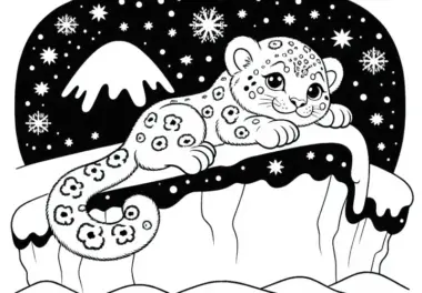 Schneeleopard ruht sich auf schneebedecktem Vorsprung aus – Ausmalbild gratis