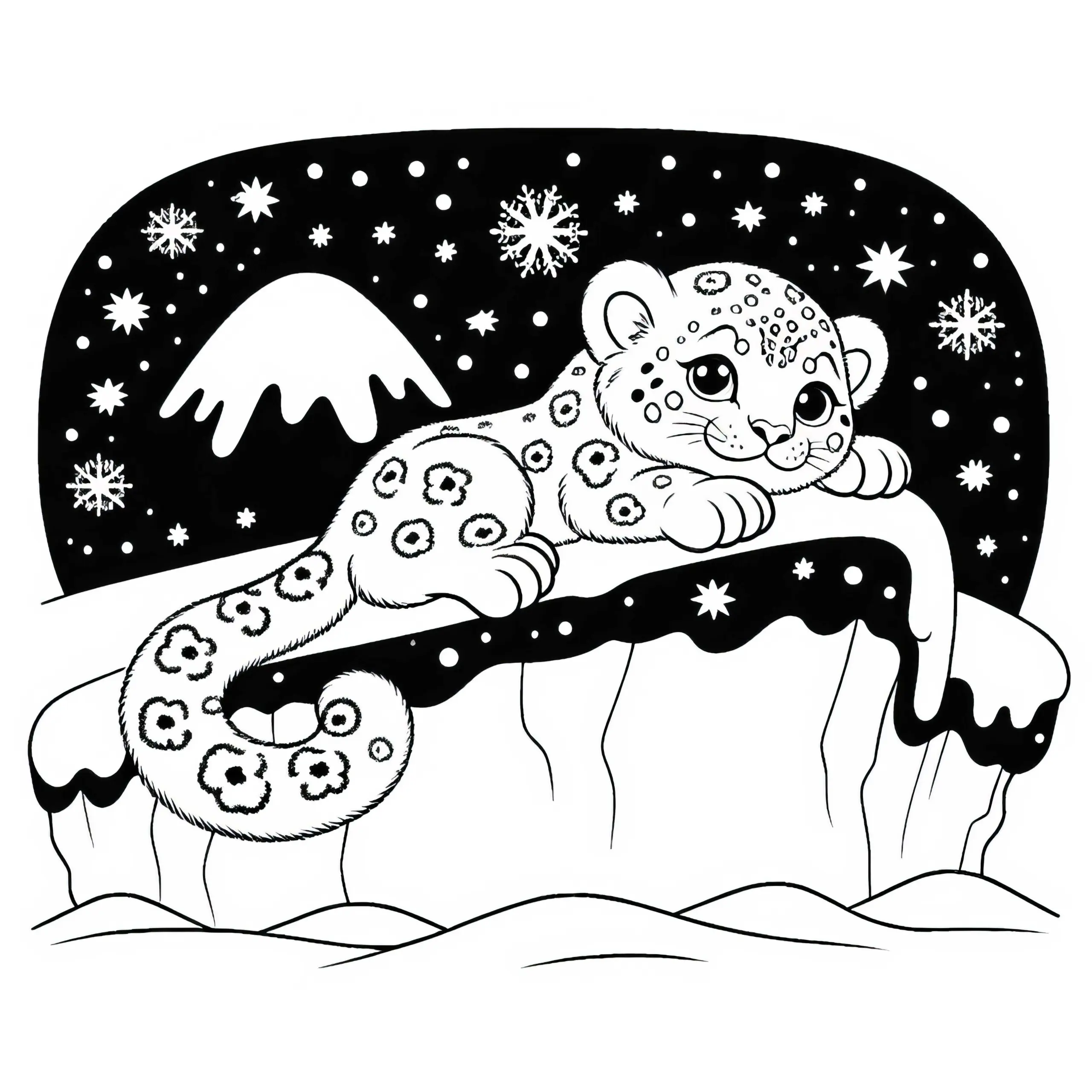 Schneeleopard ruht sich auf schneebedecktem Vorsprung aus – Ausmalbild gratis