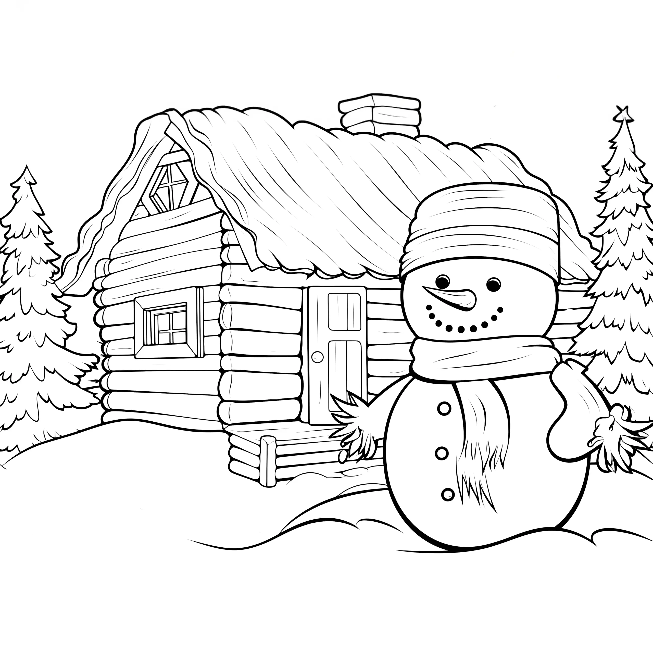 Schneemann & Holzhaus – winteridyllische Malvorlage (Ausmalbild)