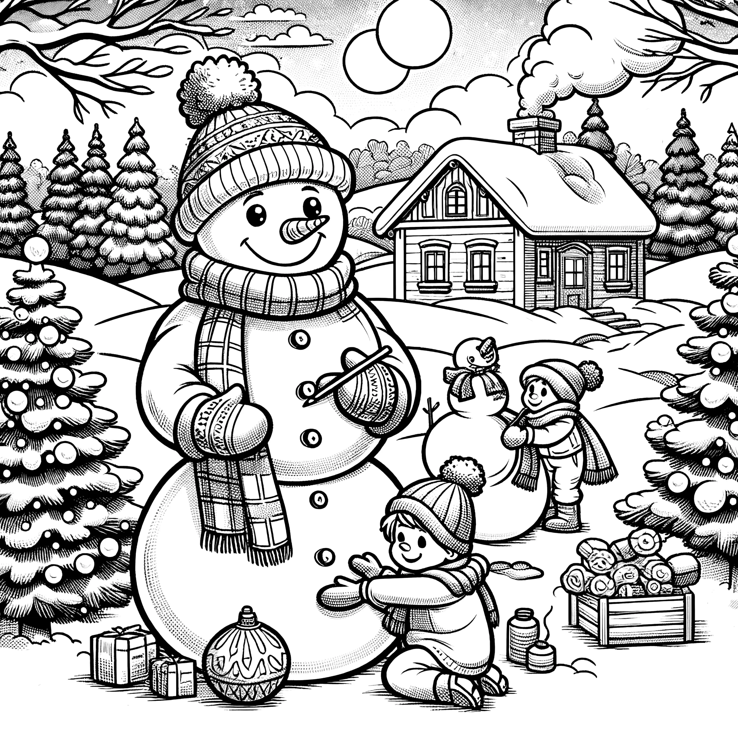 Schneemann & spielende Kinder in Winterlandschaft (Ausmalbild)