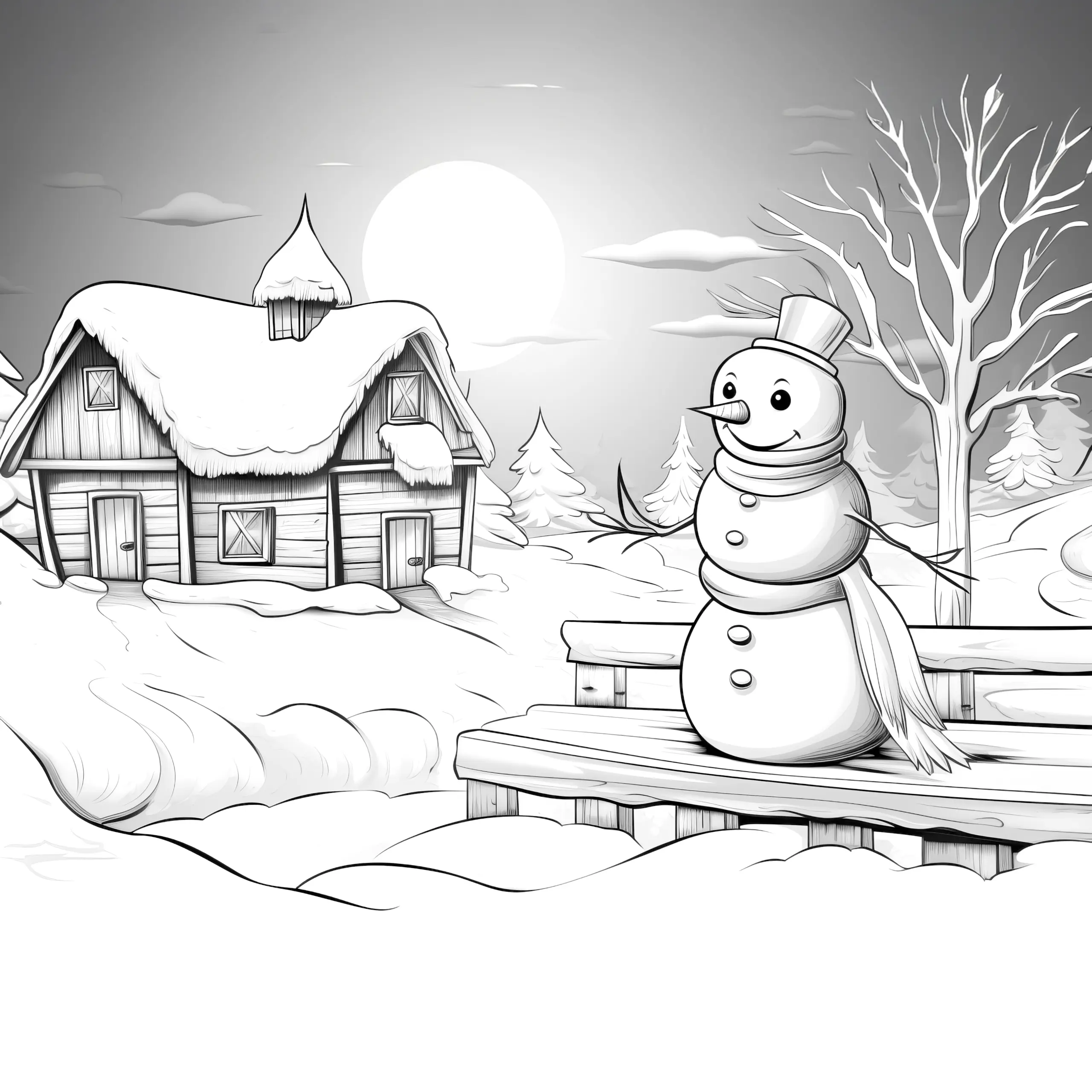 Schneemann & Nachthimmel: Malvorlage mit Winterlandschaft (Ausmalbild)