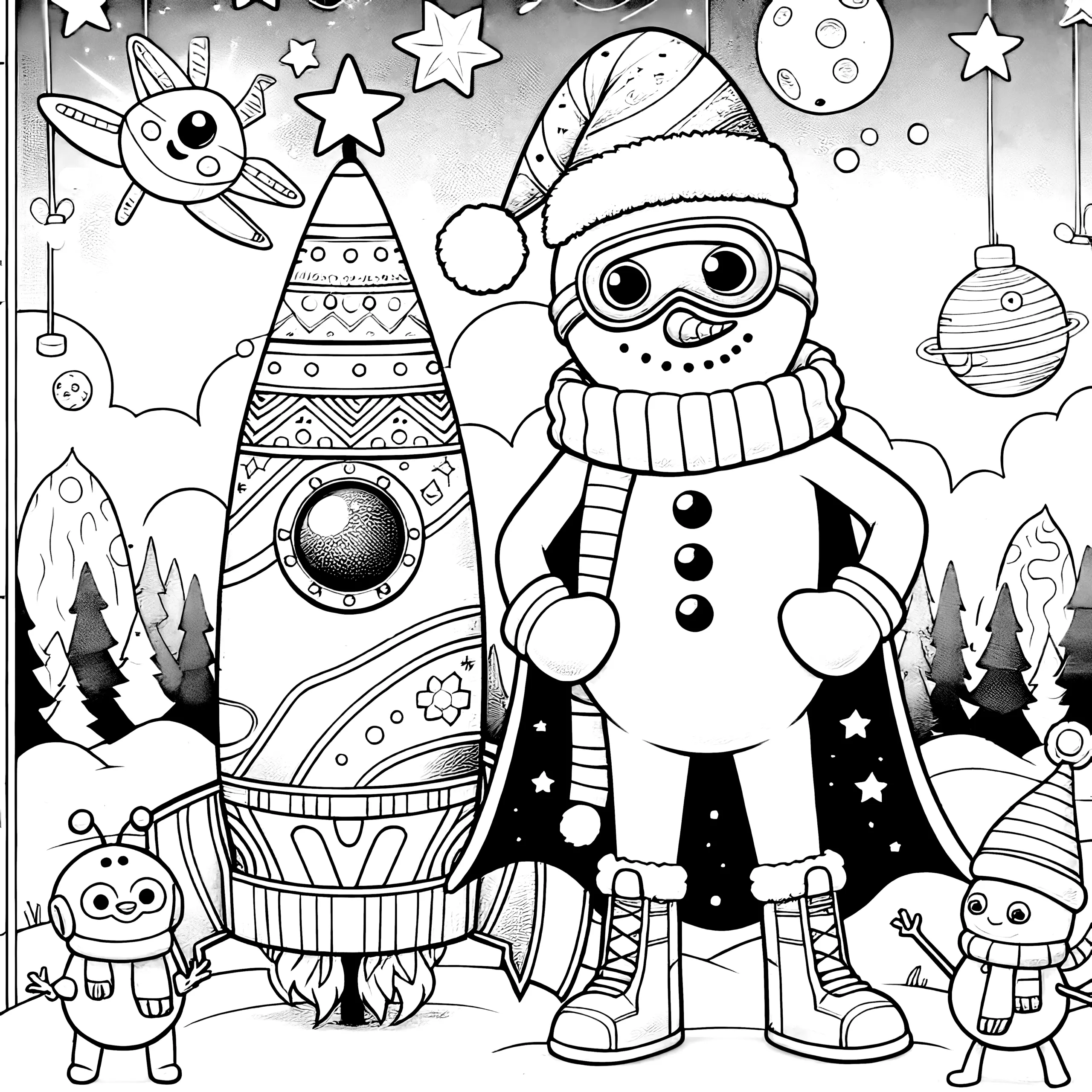 Schneemann, Rakete & Aliens – lustiges Ausmalbild