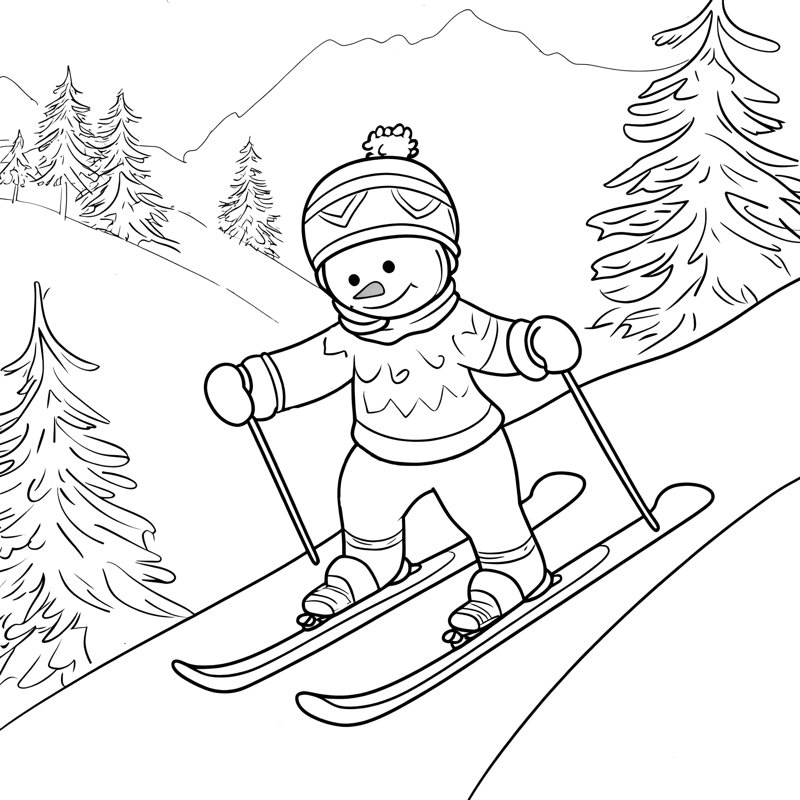 Schneemann bei der Ski-Abfahrt – Malvorlage (Ausmalbild)