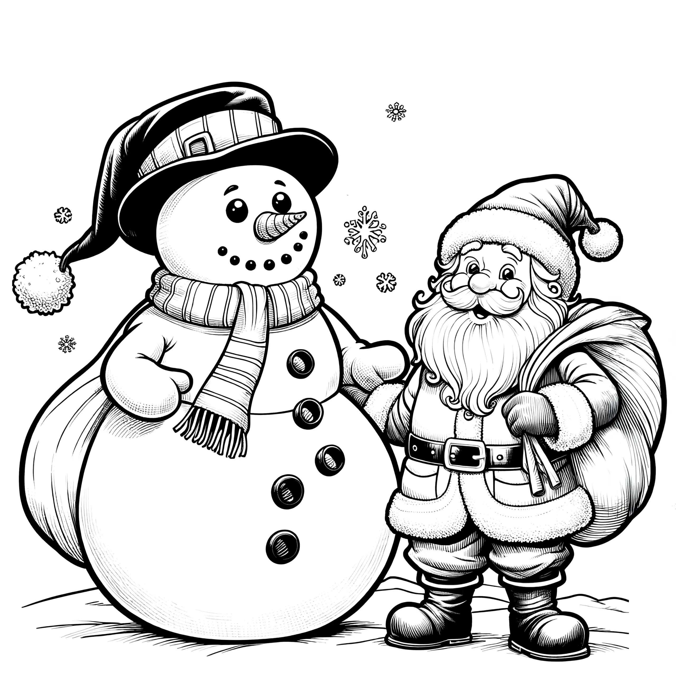 Schneemann & Weihnachtsmann als kostenlose Malvorlage (Ausmalbild)