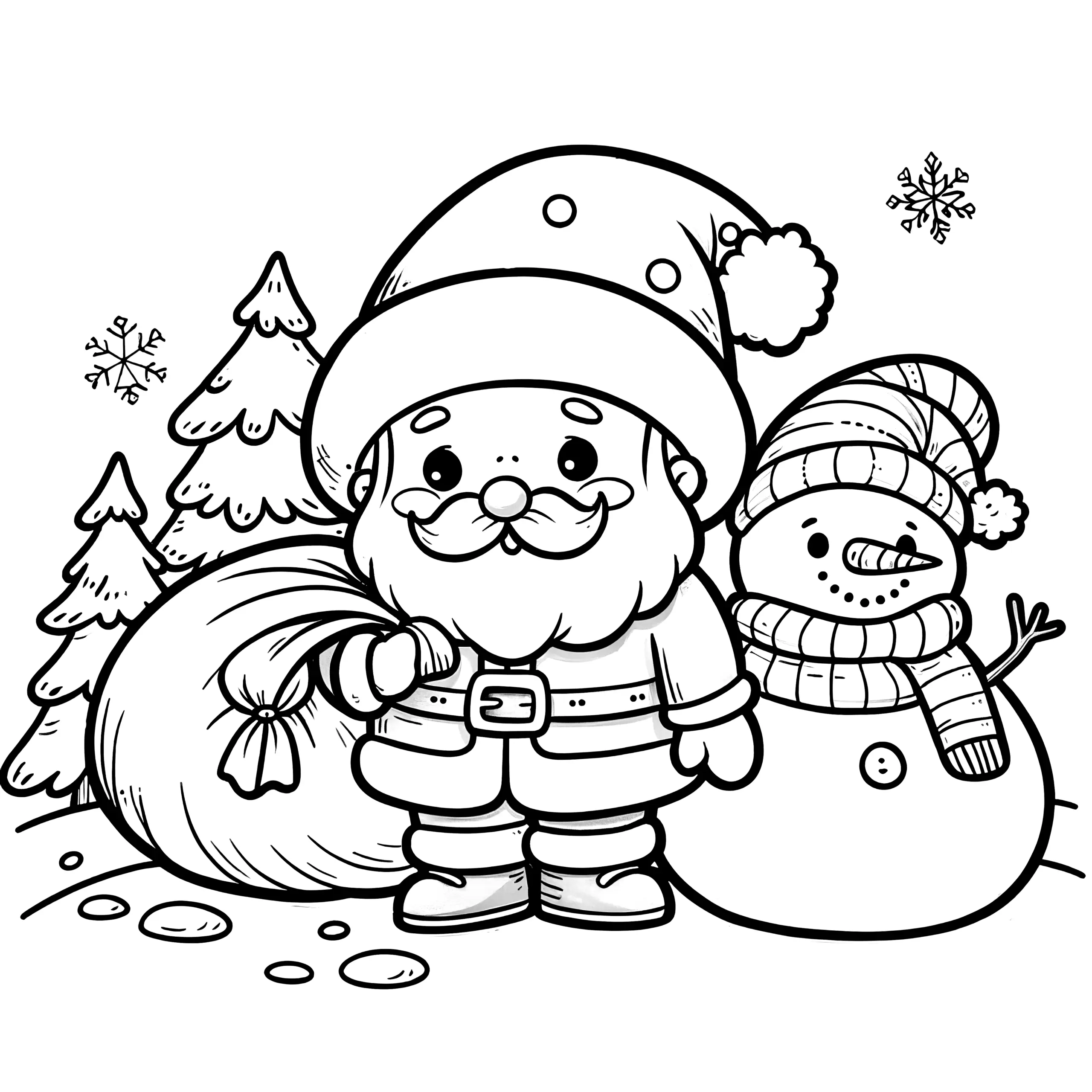 Schneemann & Weihnachtsmann in Winterlandschaft (Ausmalbild)