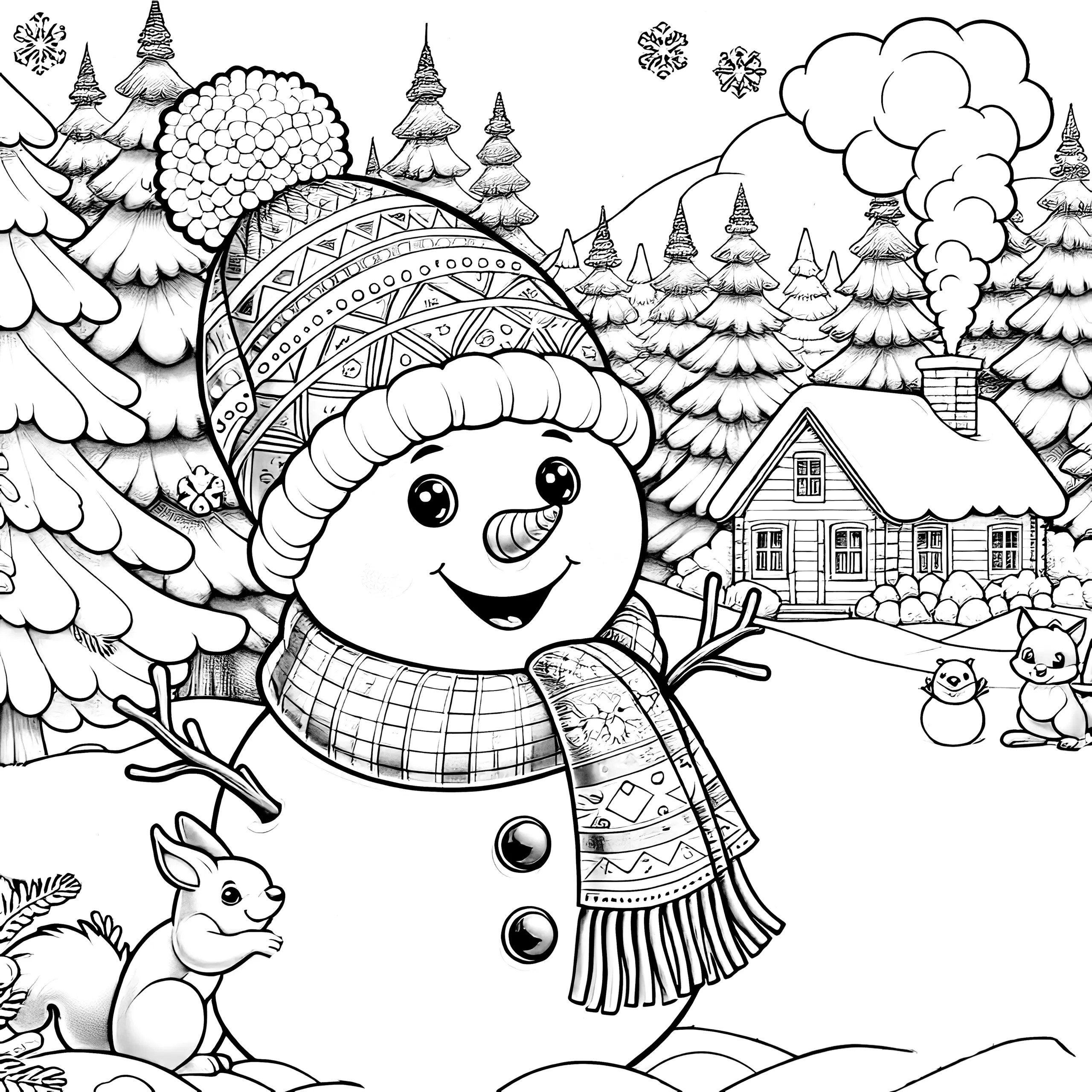 Schneemann in Winterlandschaft mit Eichhörnchen zum Ausmalen (Ausmalbild)