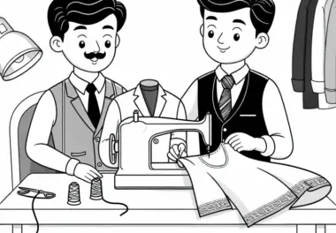 Schneider näht Kleid an Nähmaschine – Ausmalbild kostenlos