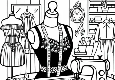 Schneiderpuppe im Atelier eines Modedesigners – Malvorlage kostenlos