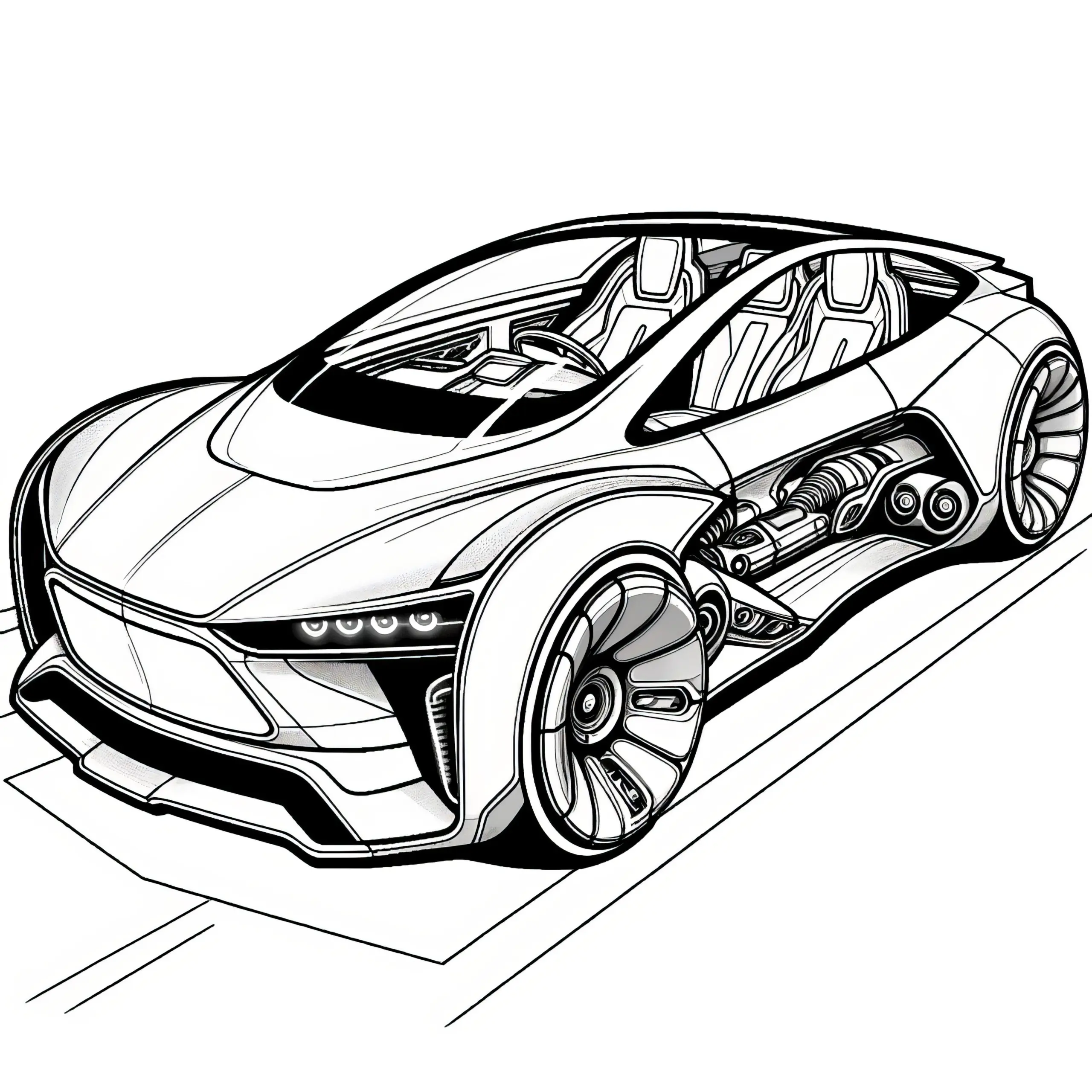 Schnittiges futuristisches Auto: Malvorlage zum Download (Gratis) (Ausmalbild)