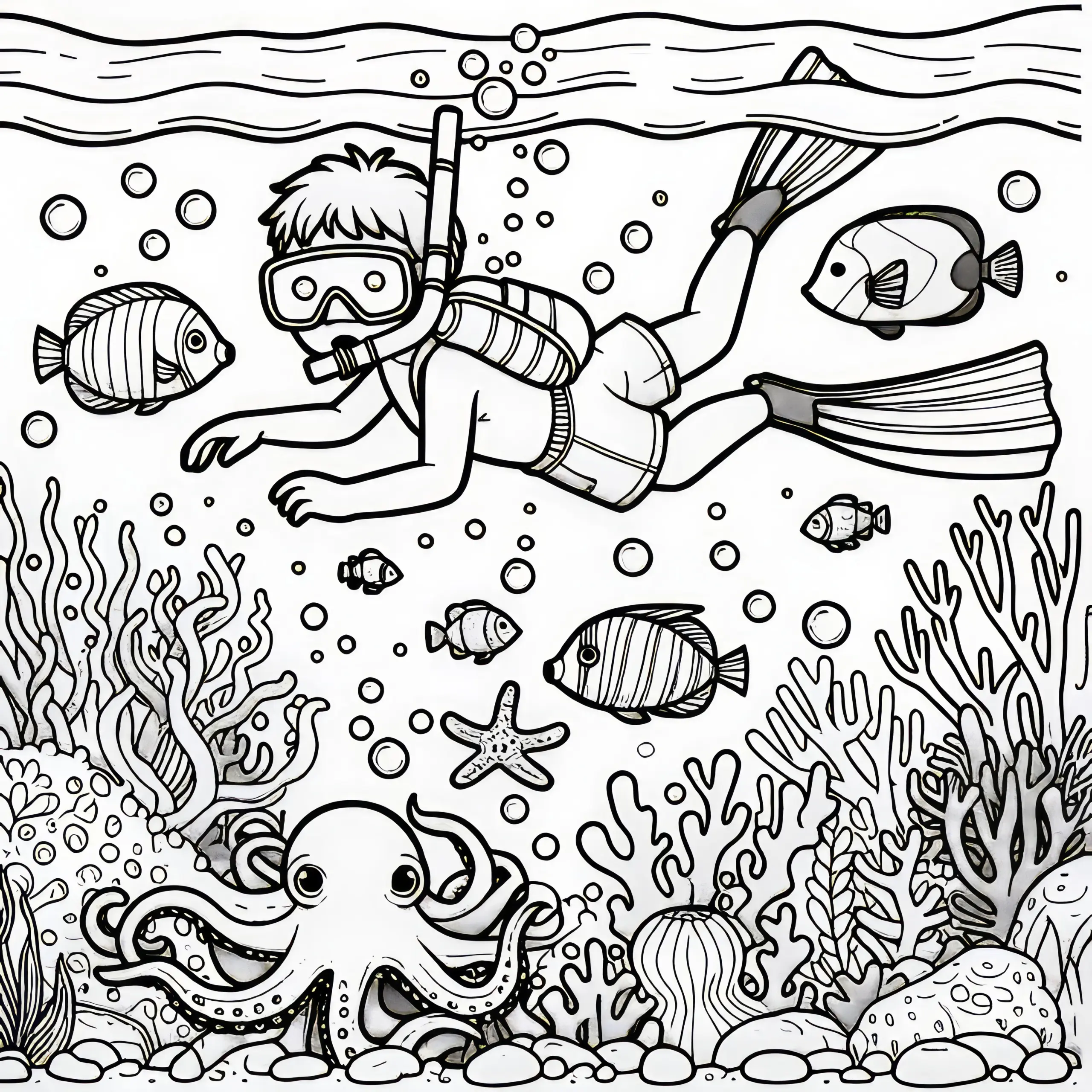 Schnorcheln mit Fischen, Krake und Korallen: Ausmalbild (Kostenlos)