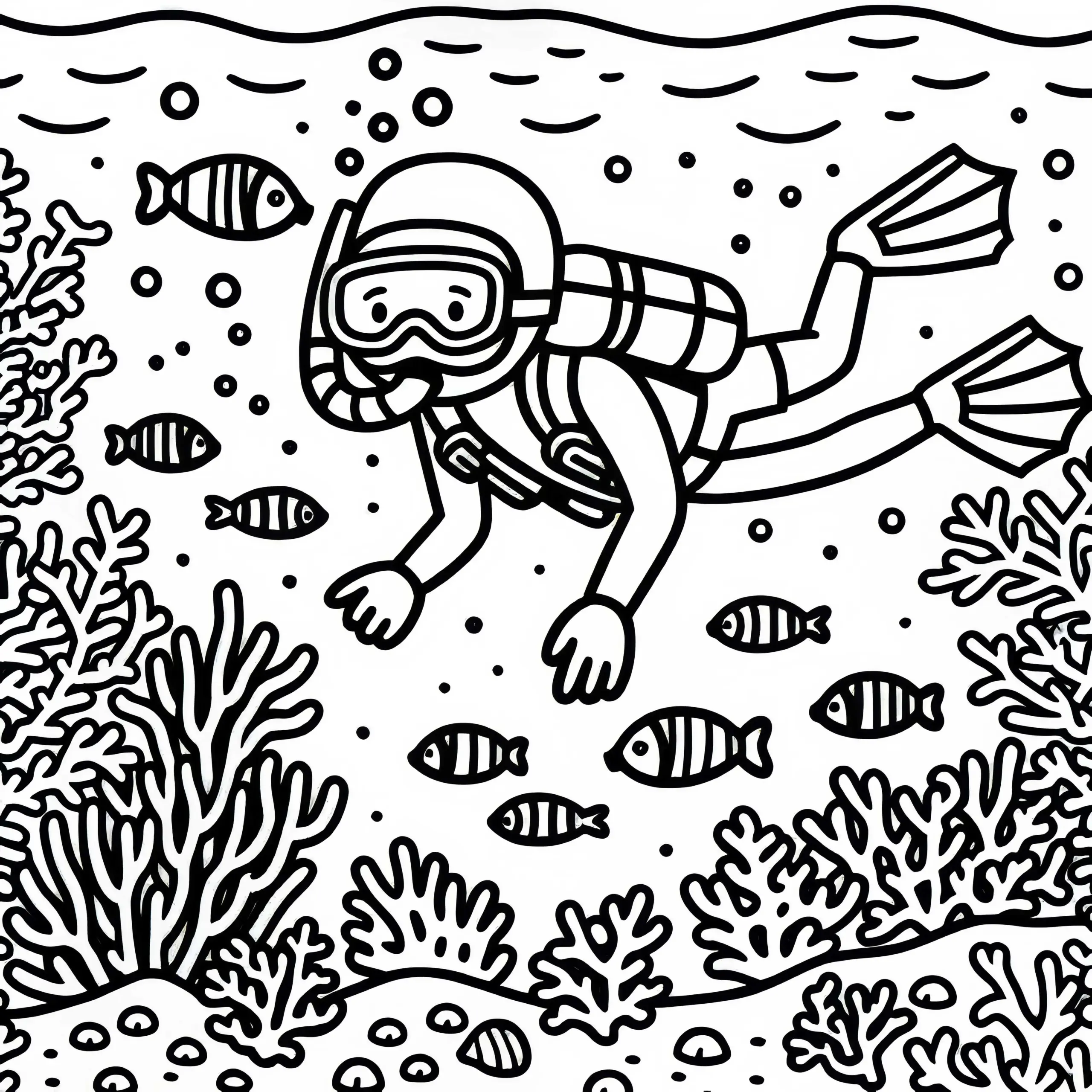 Schnorchler beobachtet Fische im Korallenriff – Ausmalbild gratis