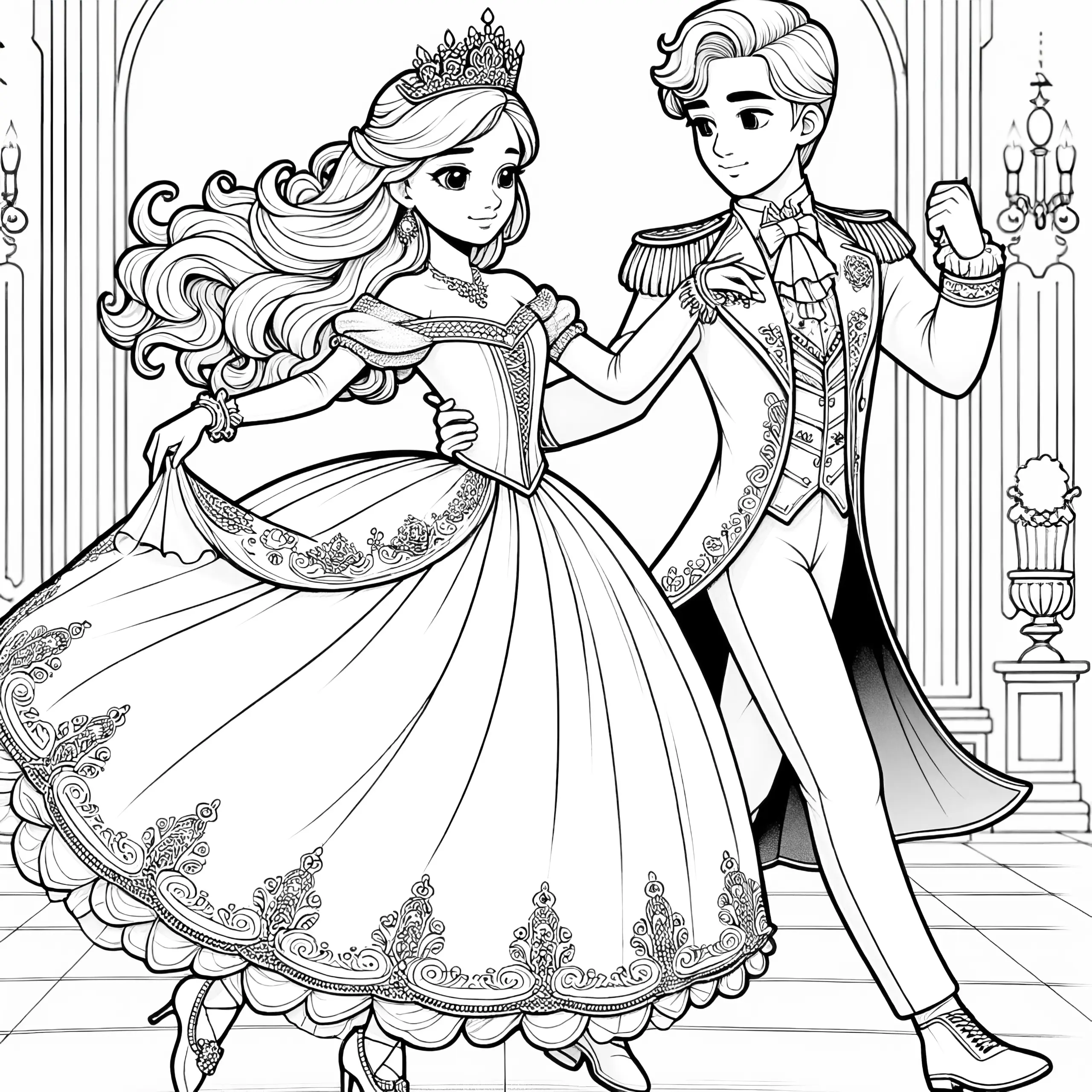 Schöne Prinzessin und Prinz im prunkvollen Schloss beim Tanz (Ausmalbild gratis)