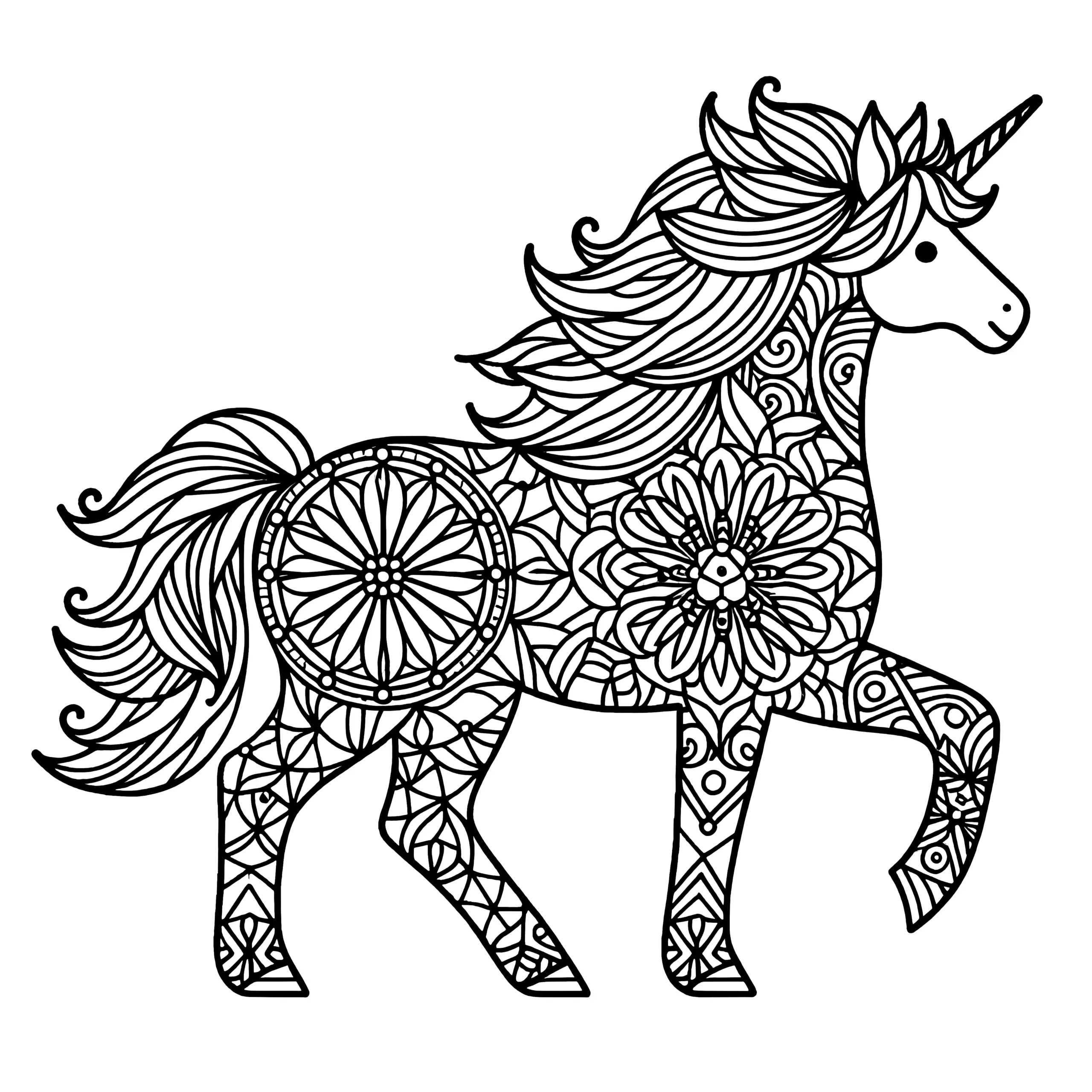 Freundliches Einhorn-Mandala einfach: Einfach zum Ausmalen (Kostenlos) (Ausmalbild)