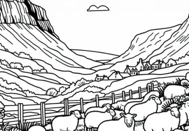 Schottische Hügellandschaft mit Schafen – Malvorlage kostenlos